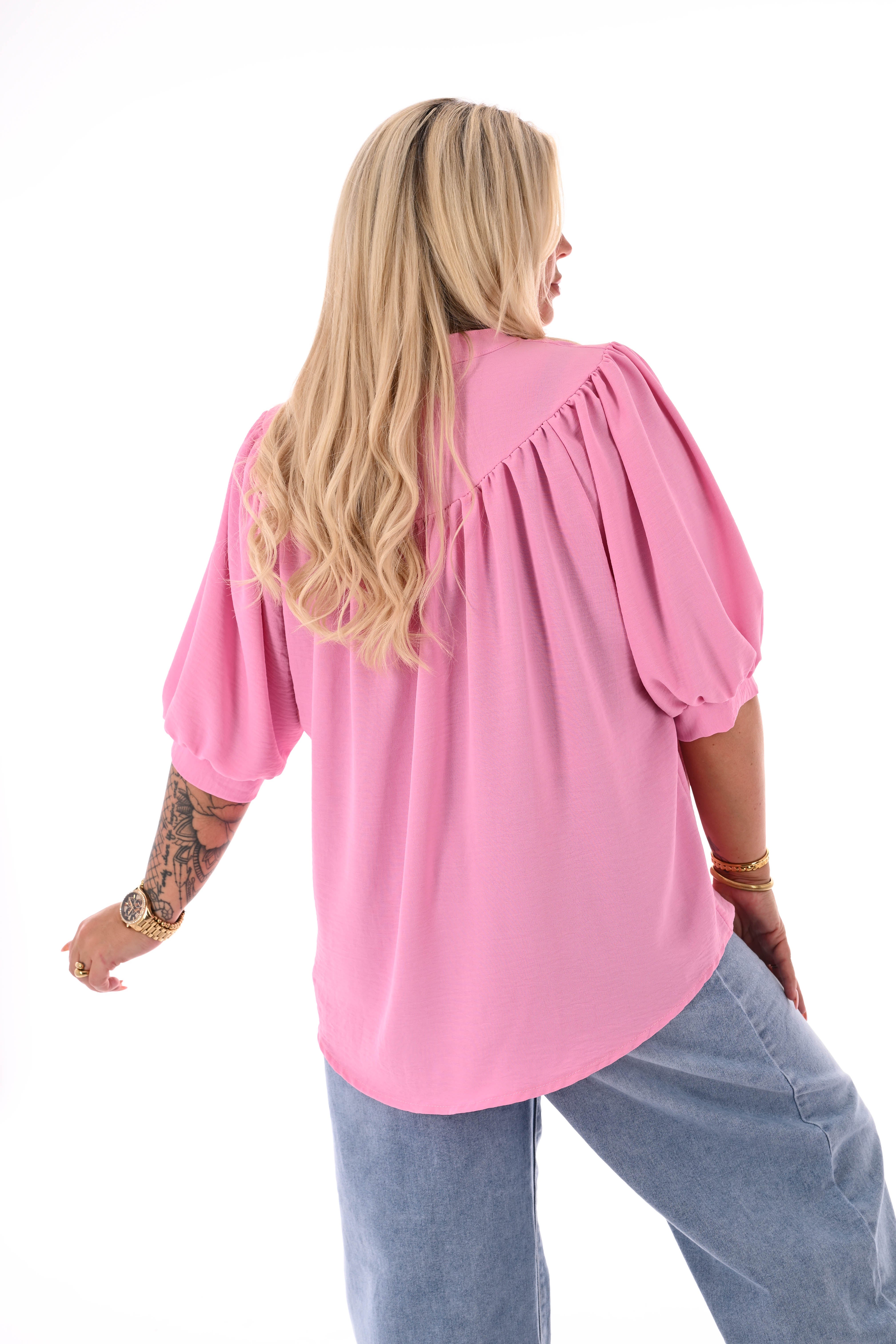 Doorknoop blouse korte pofmouwen uni roze