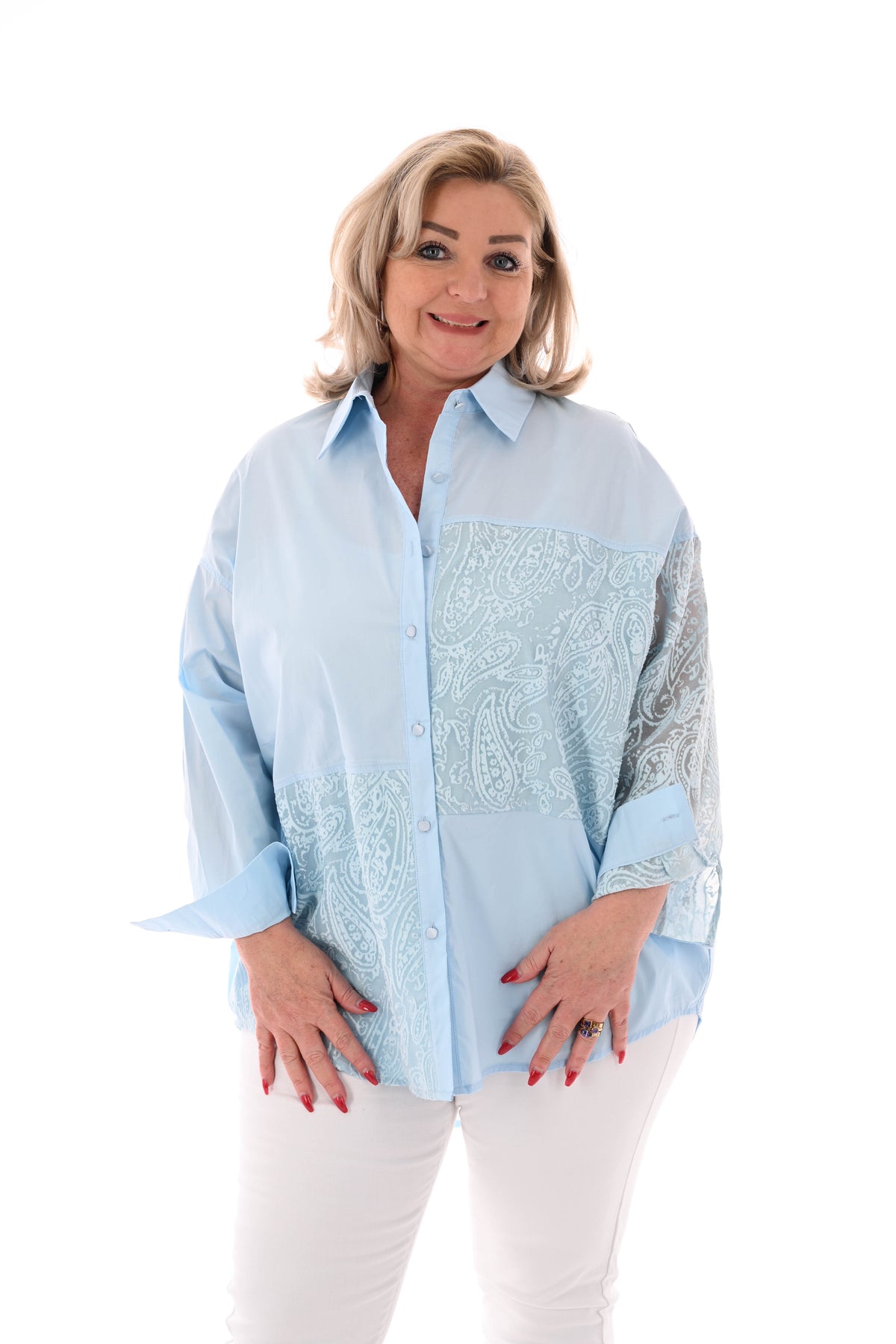 Blouse uni en paisley lichtblauw