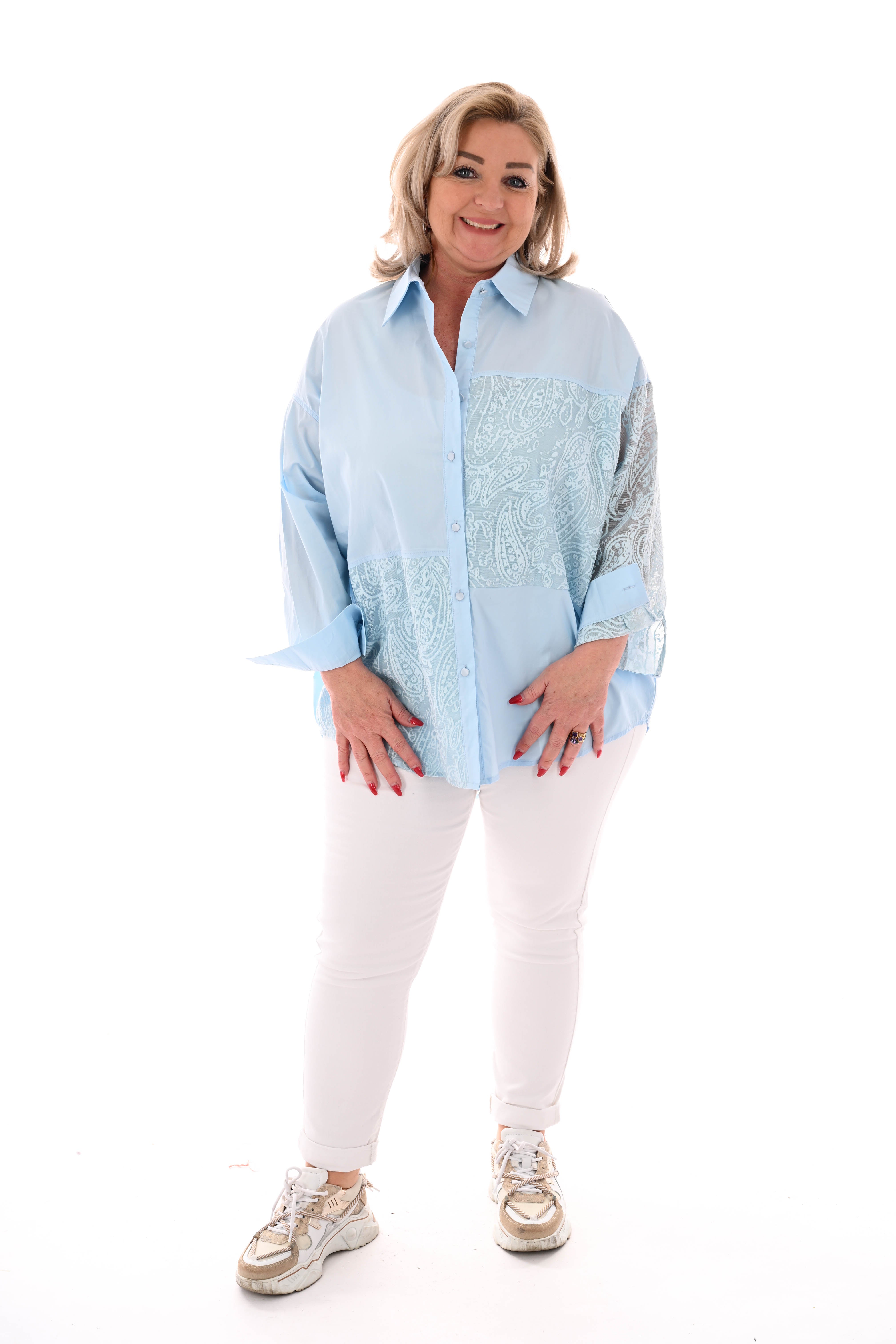 Blouse uni en paisley lichtblauw