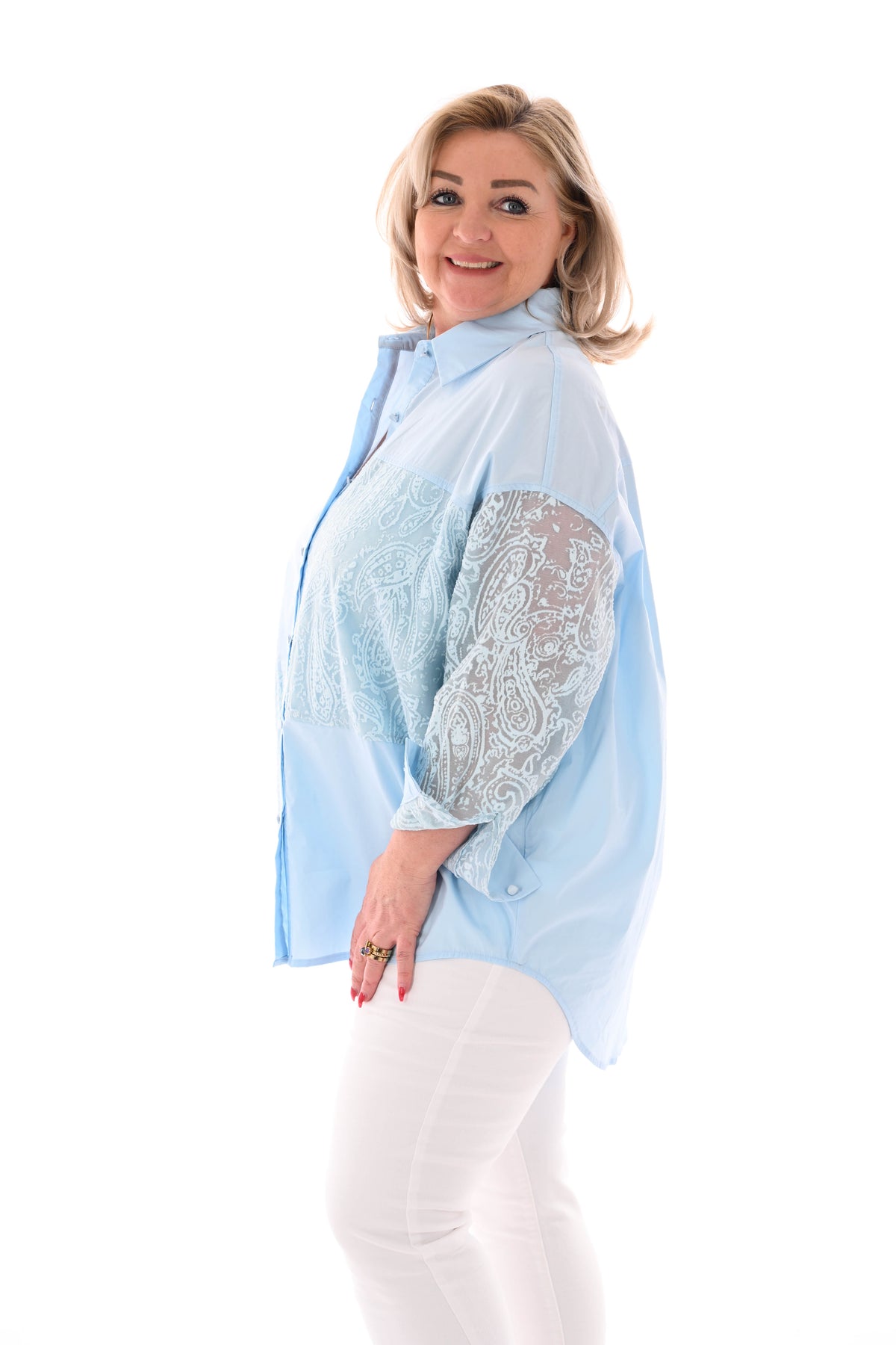 Blouse uni en paisley lichtblauw