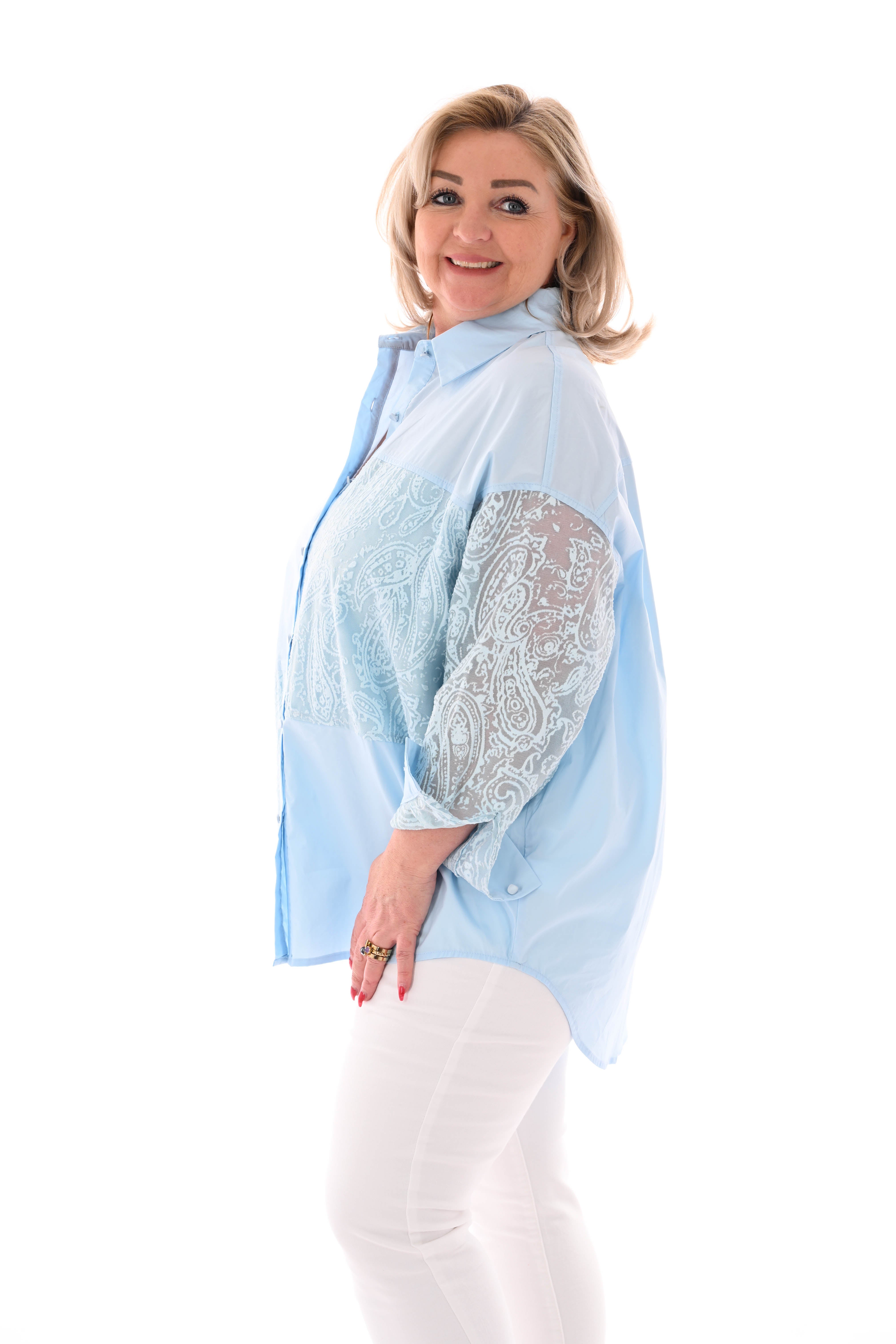 Blouse uni en paisley lichtblauw