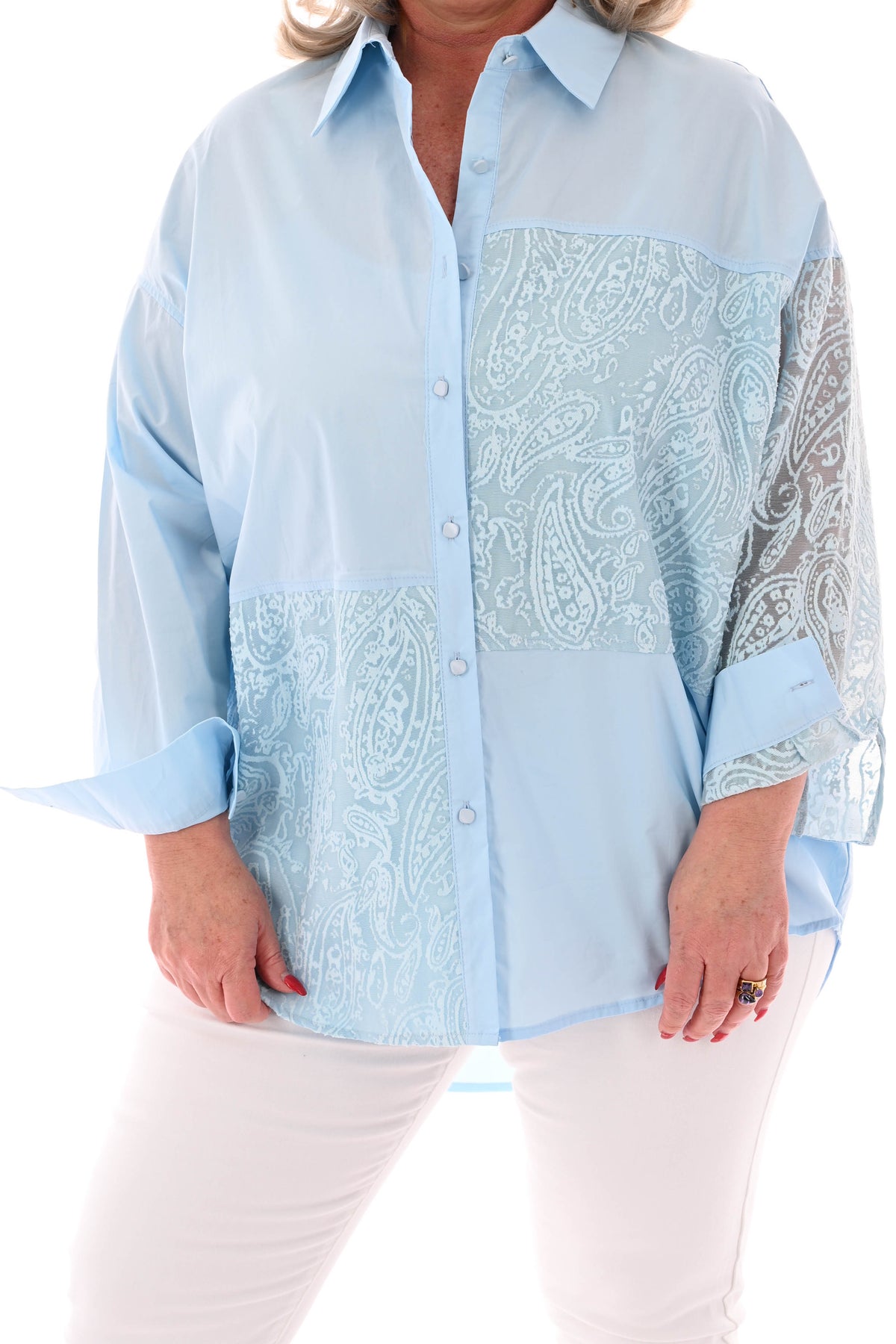 Blouse uni en paisley lichtblauw
