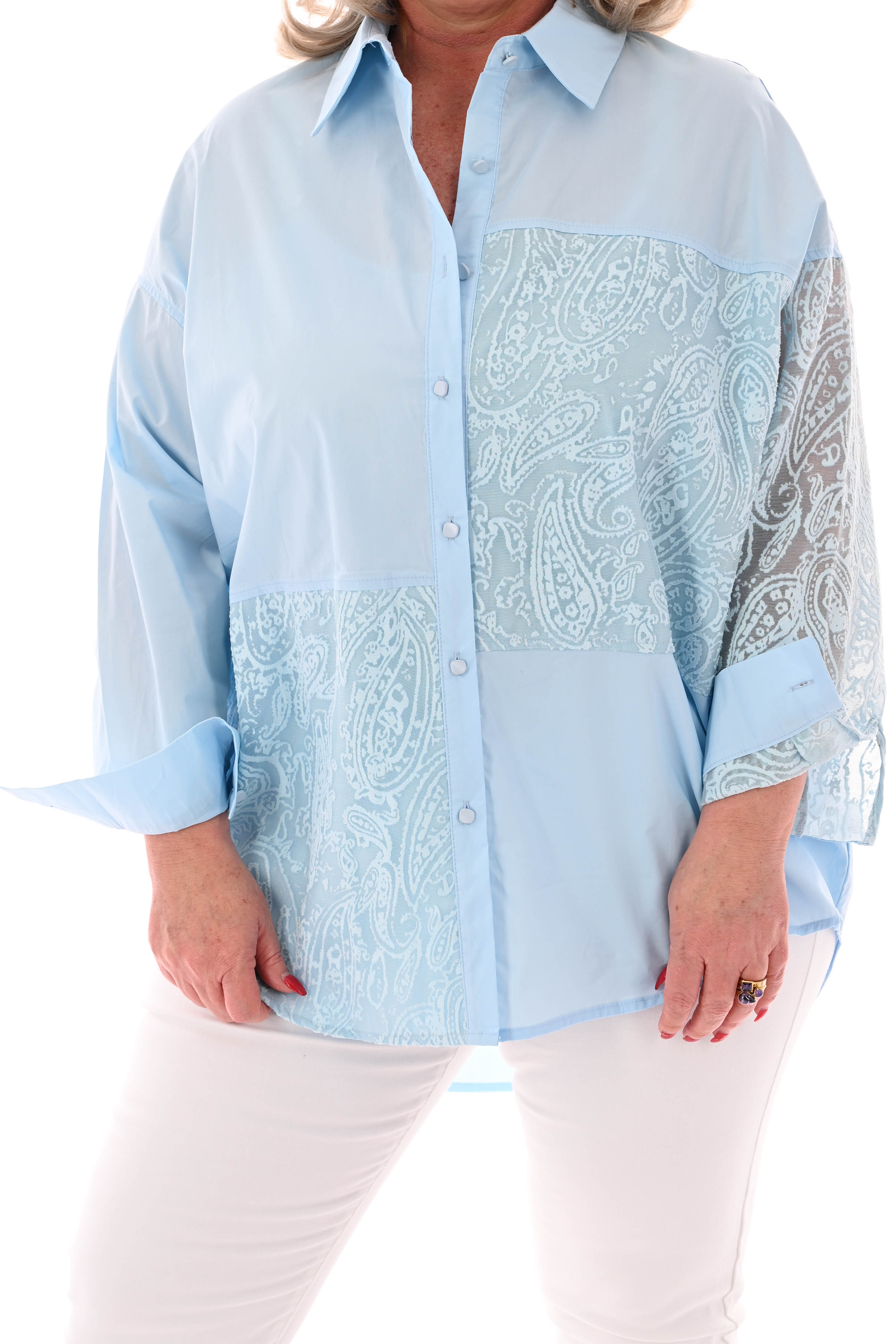Blouse uni en paisley lichtblauw