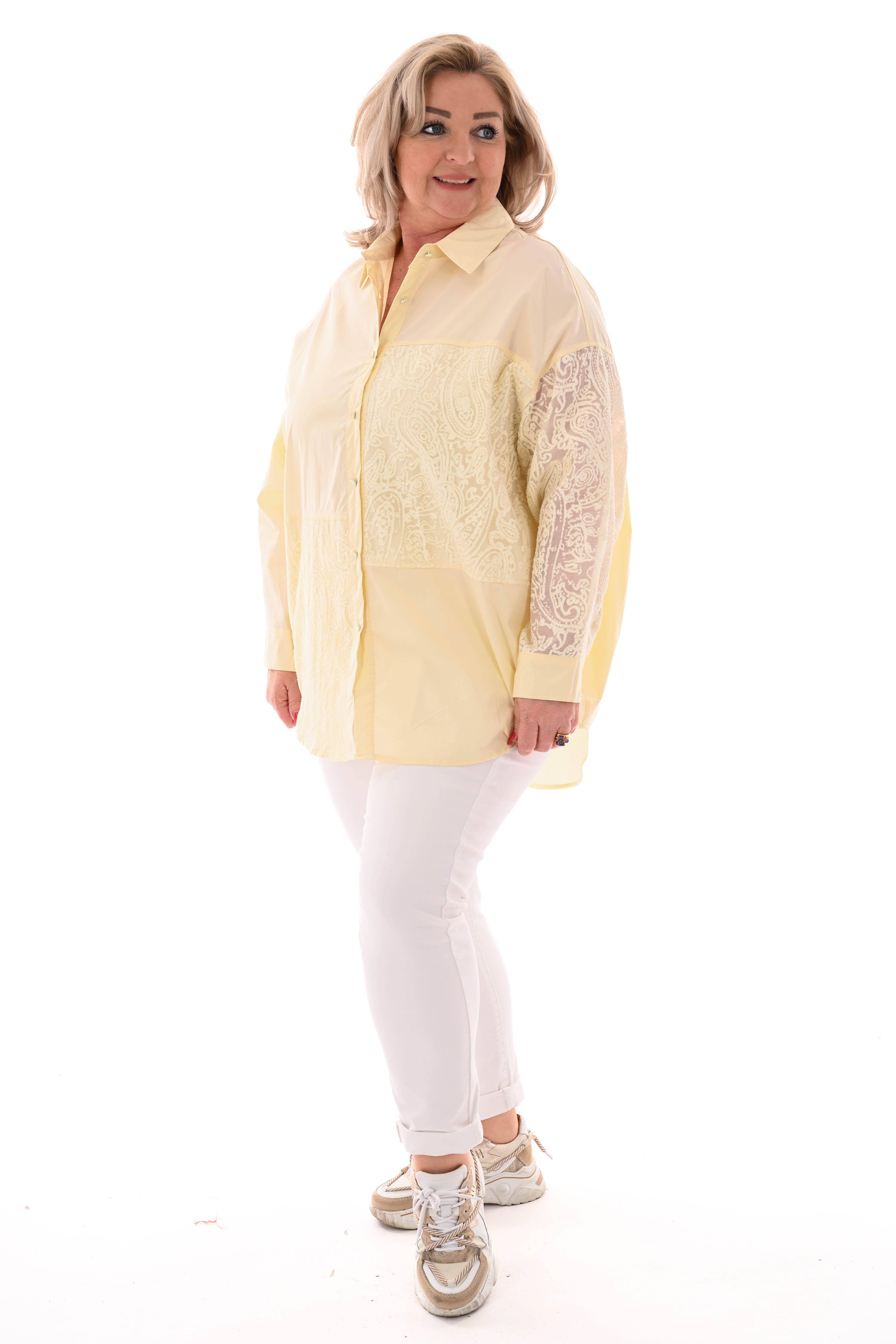 Blouse uni en paisley lichtgeel