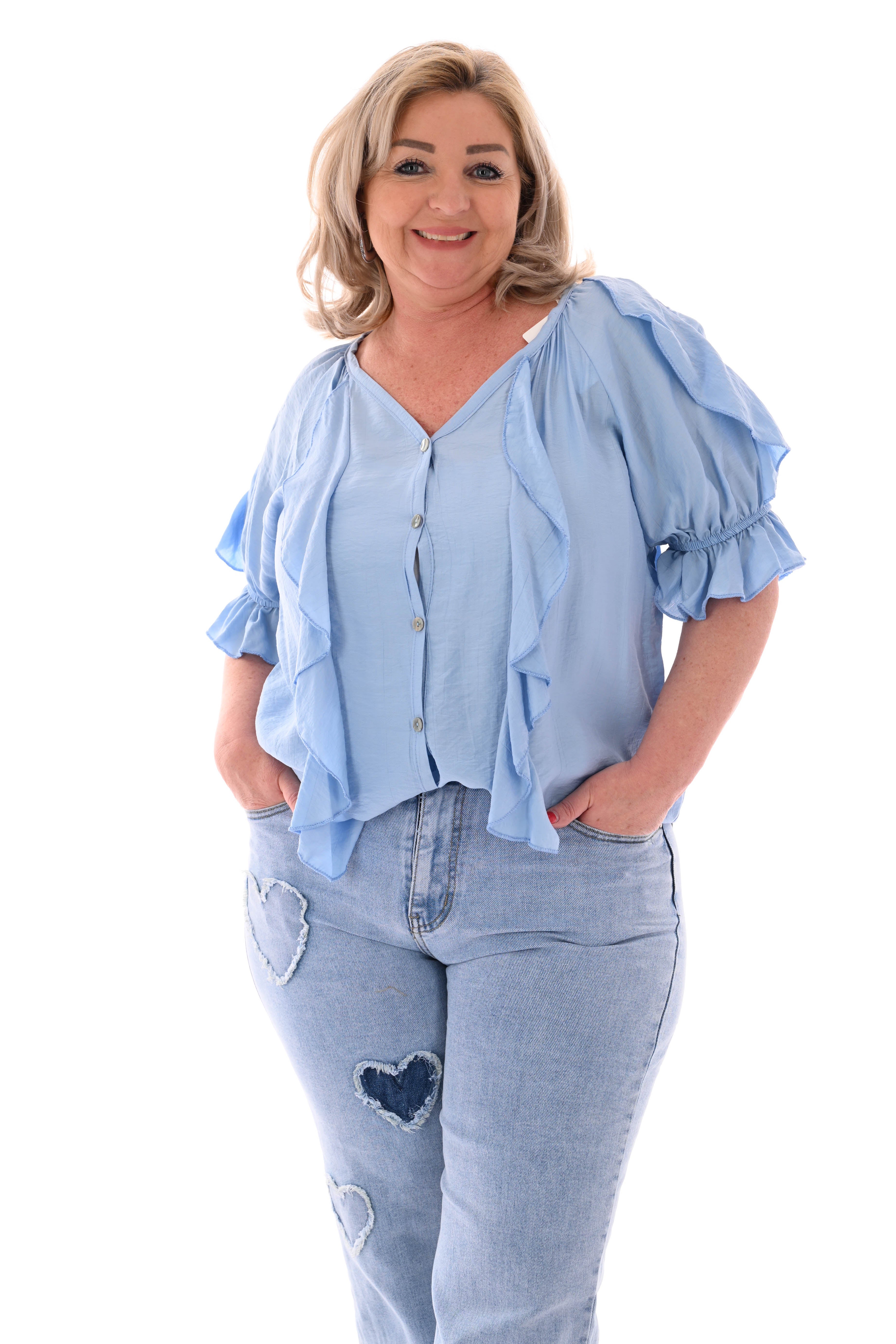 Blouse v-hals met roezel en korte mouwen lichtblauw