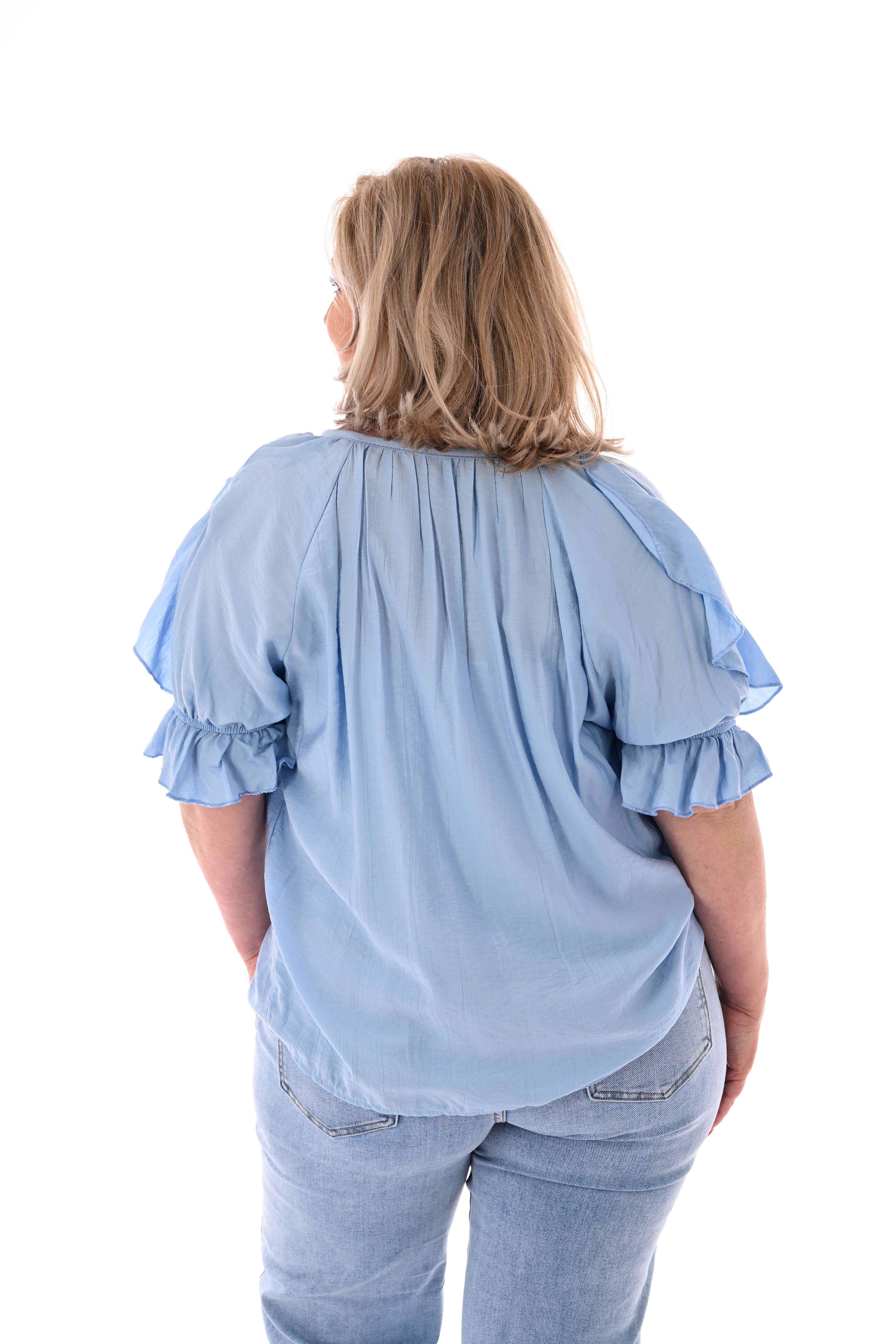 Blouse v-hals met roezel en korte mouwen lichtblauw