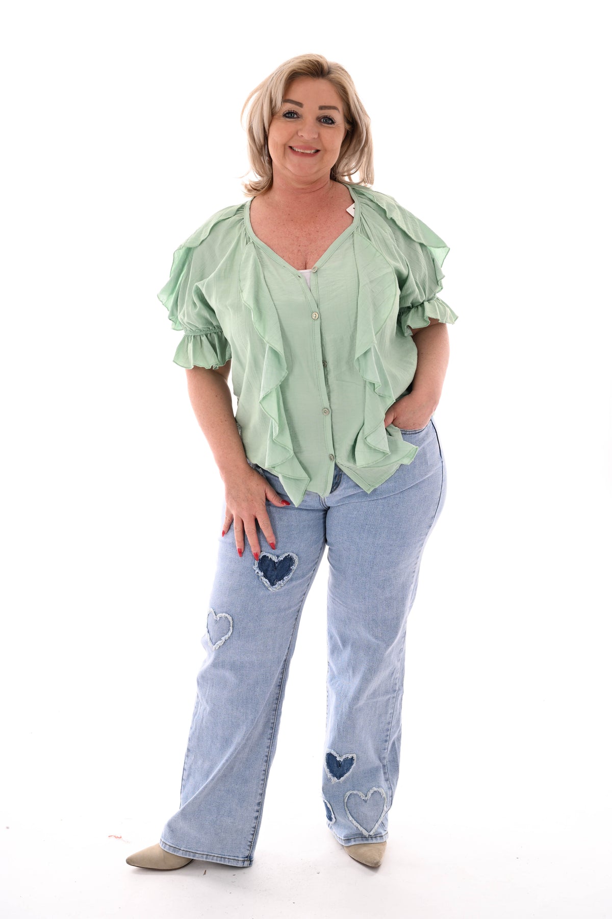 Blouse v-hals met roezel en korte mouwen pistache