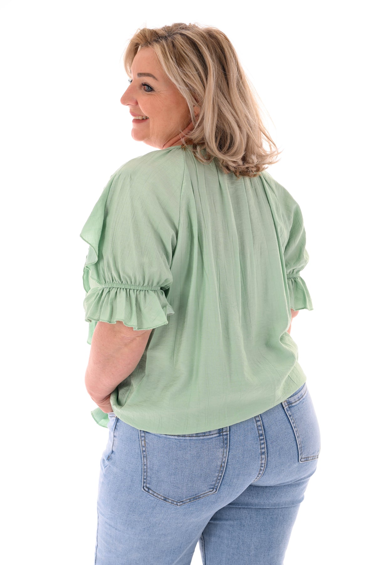 Blouse v-hals met roezel en korte mouwen pistache