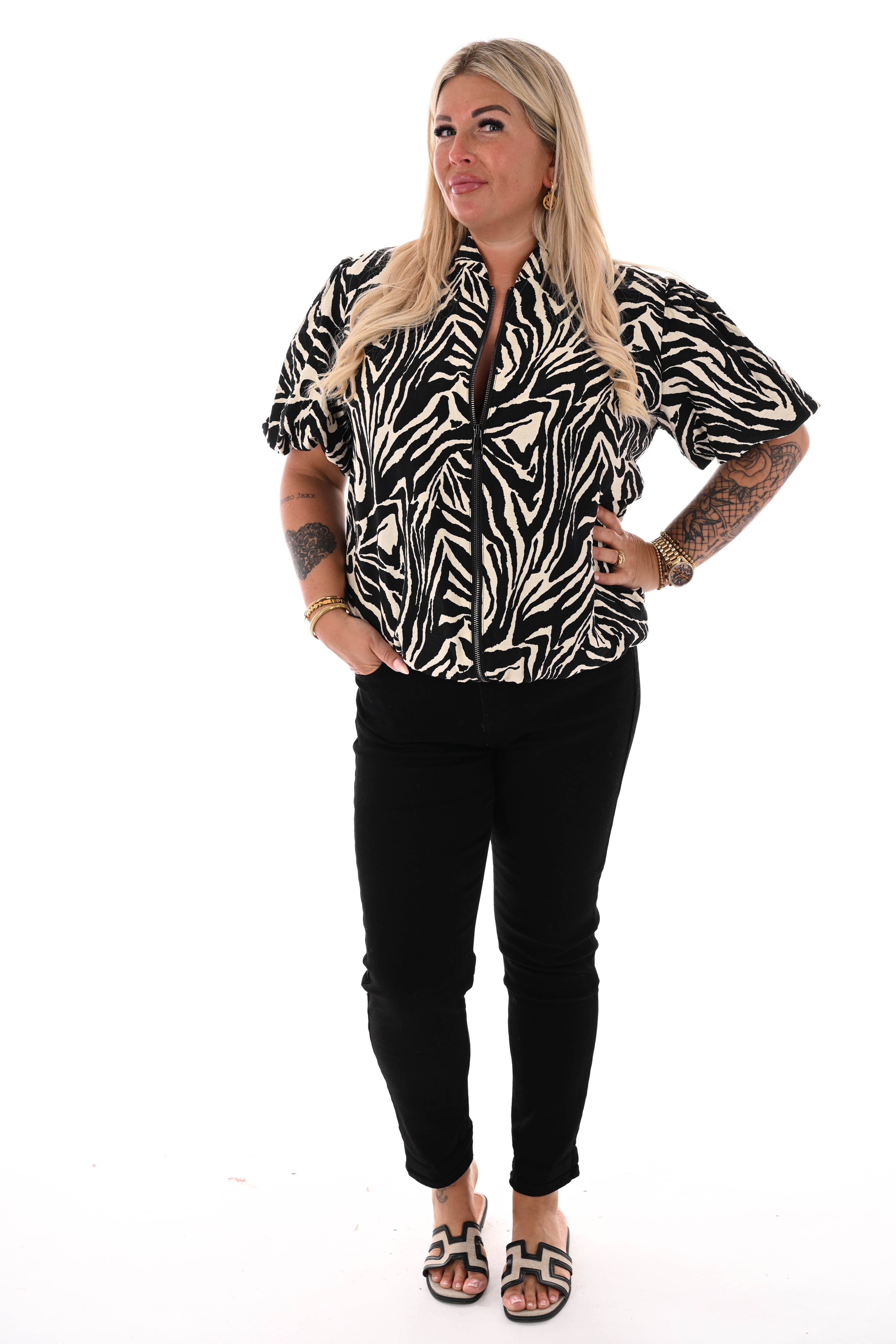 Print jasje korte pofmouwen zebra zwart