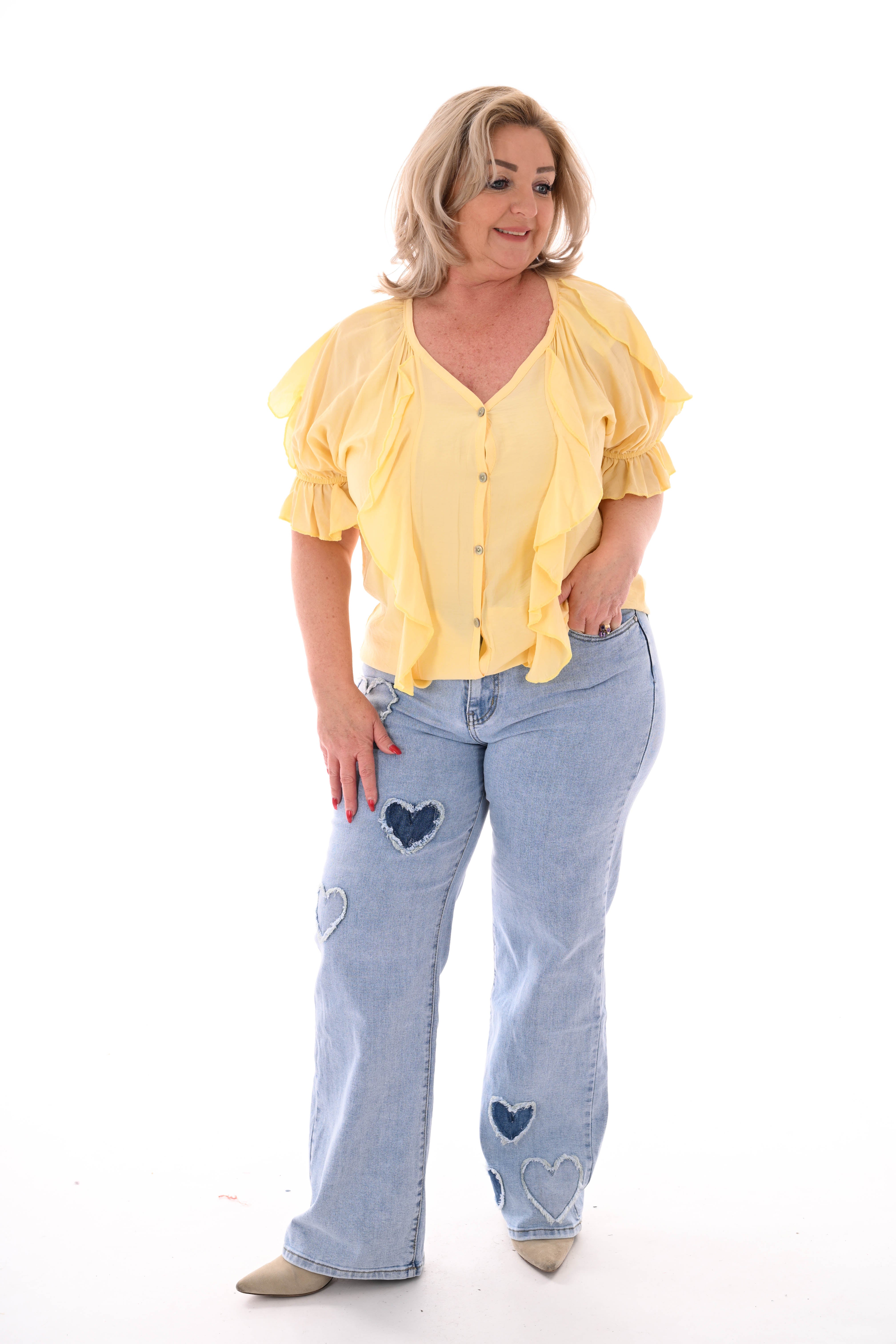 Blouse v-hals met roezel en korte mouwen geel