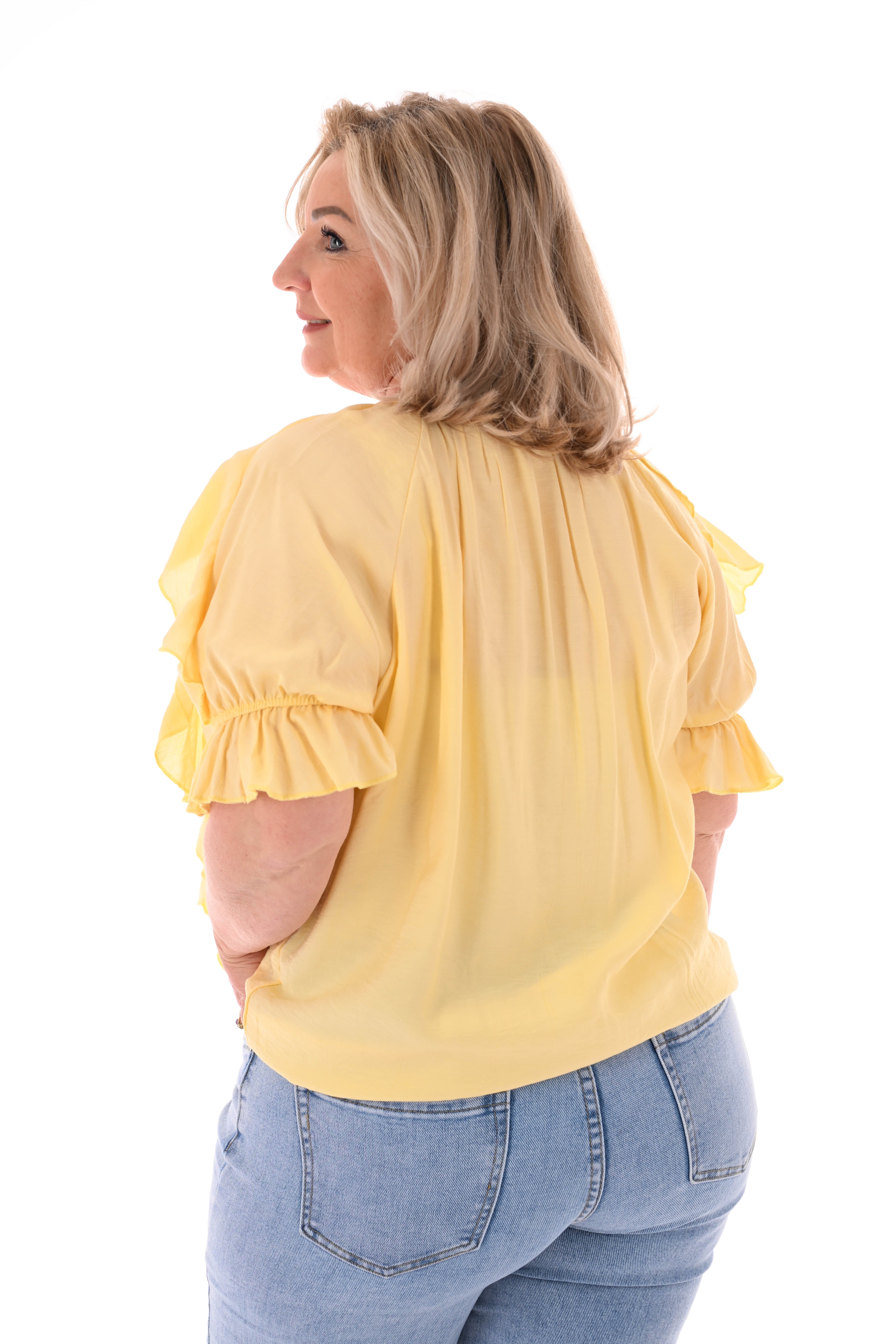 Blouse v-hals met roezel en korte mouwen geel