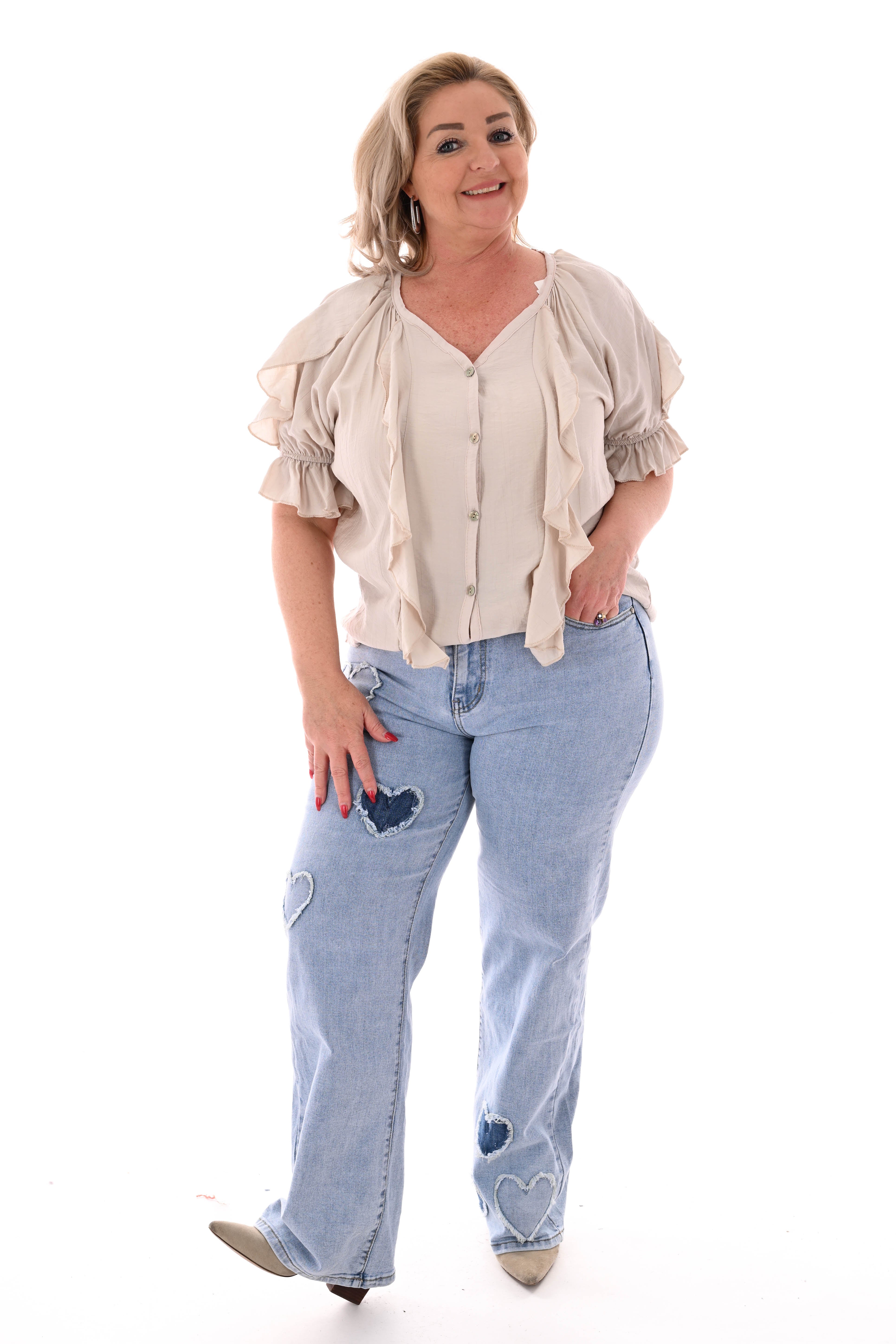 Blouse v-hals met roezel en korte mouwen beige