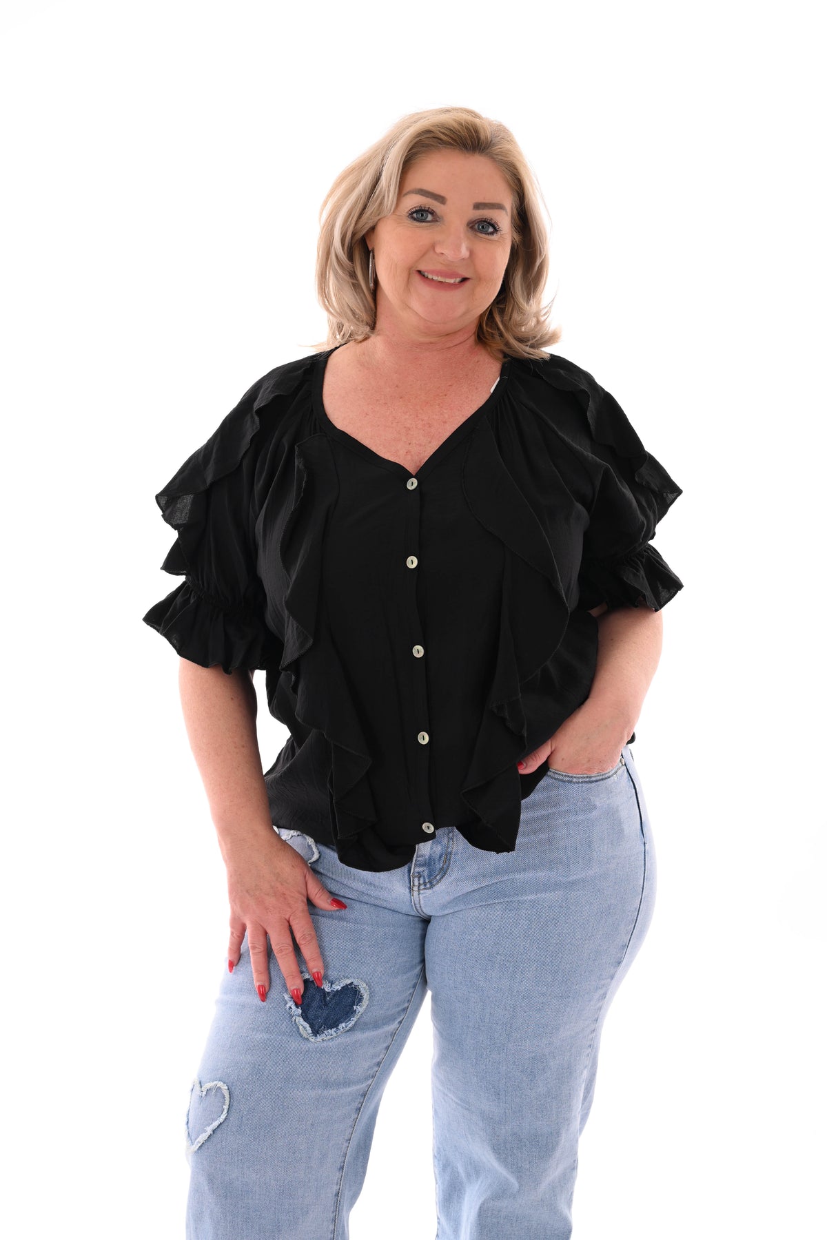 Blouse v-hals met roezel en korte mouwen zwart