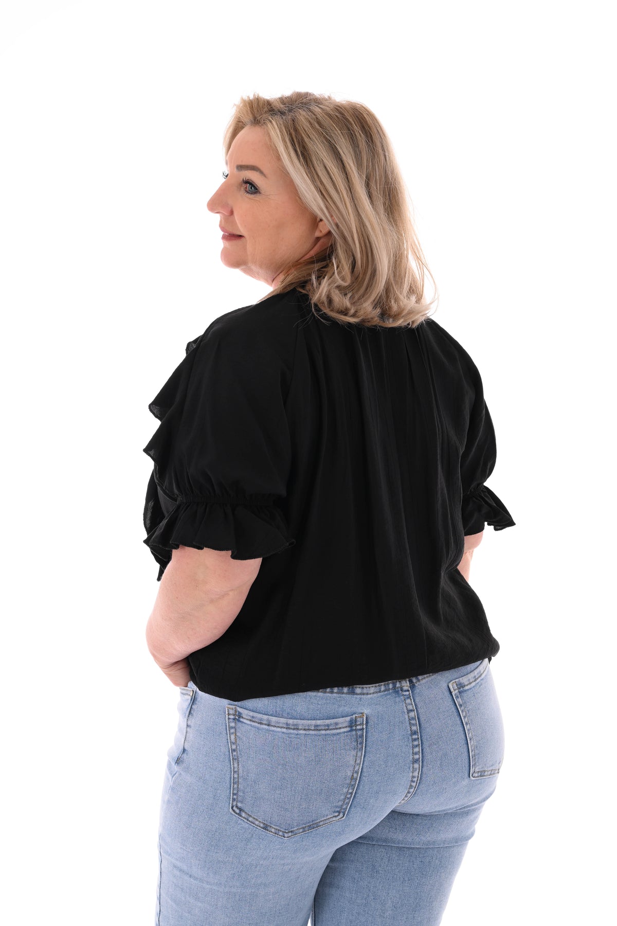 Blouse v-hals met roezel en korte mouwen zwart