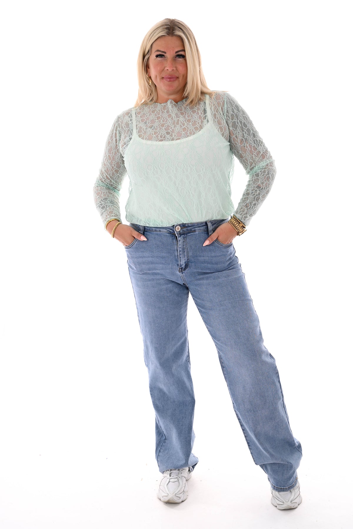 Kanten top ronde hals turquoise