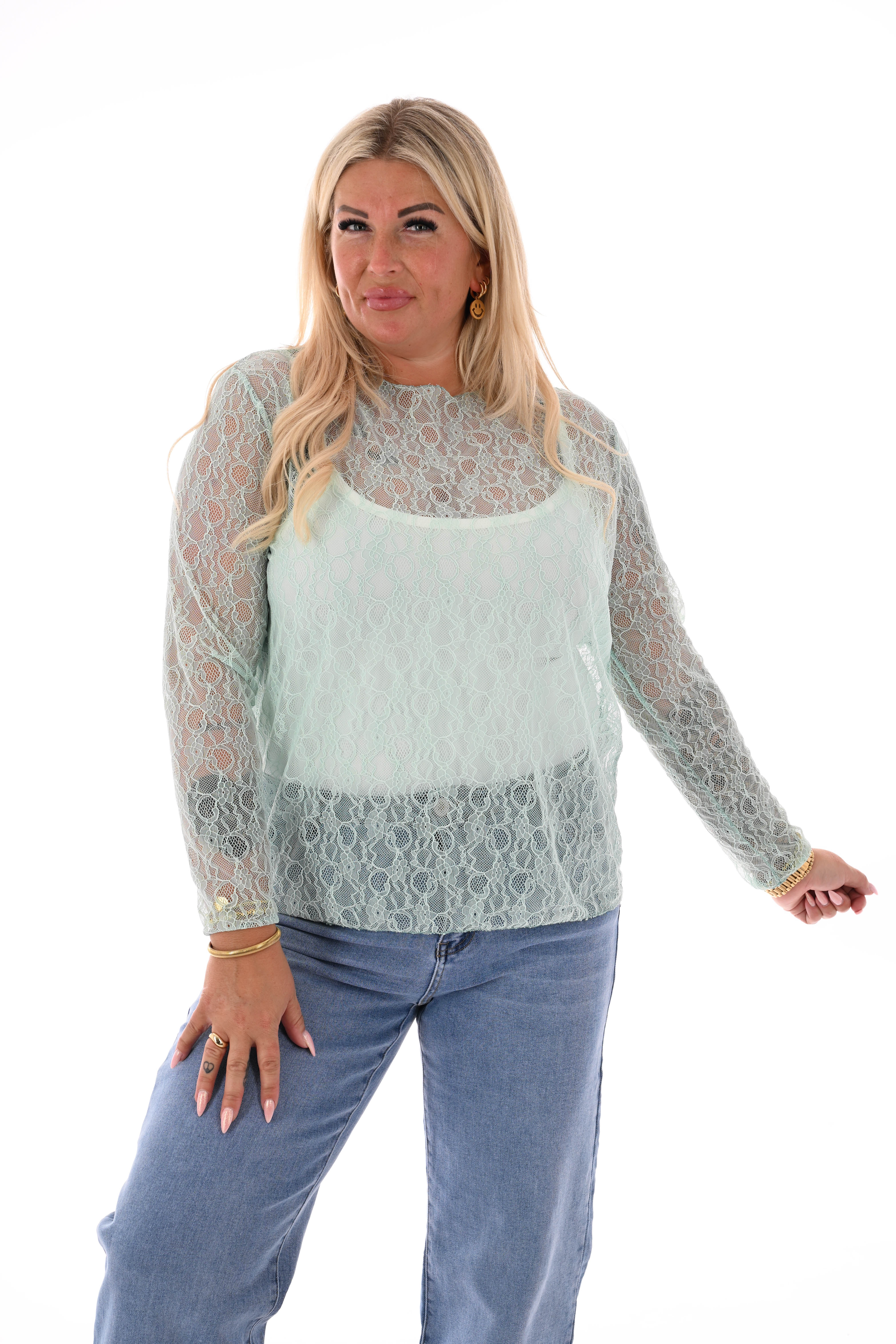 Kanten top ronde hals turquoise