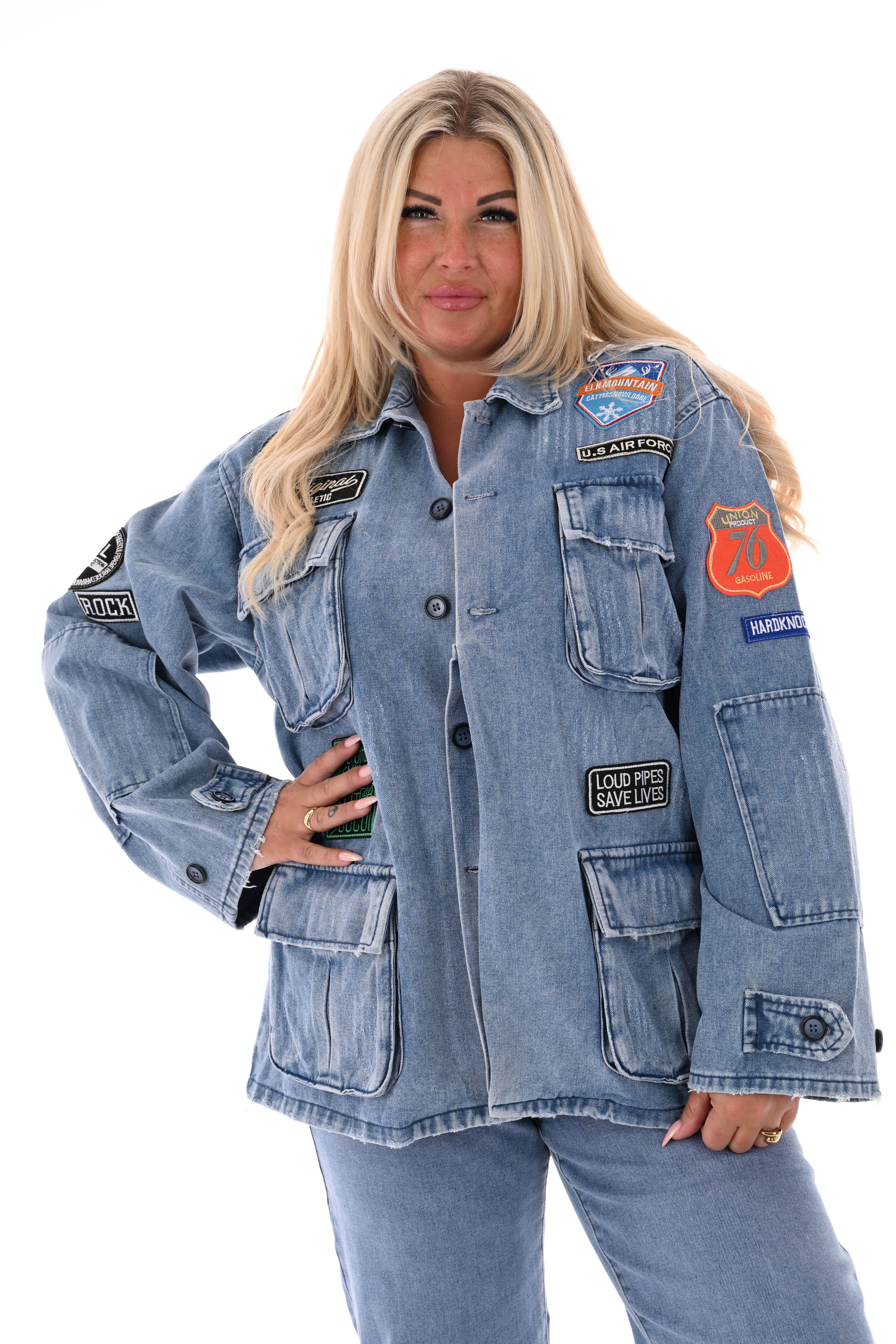 Monday spijkerjas emblemen blauw