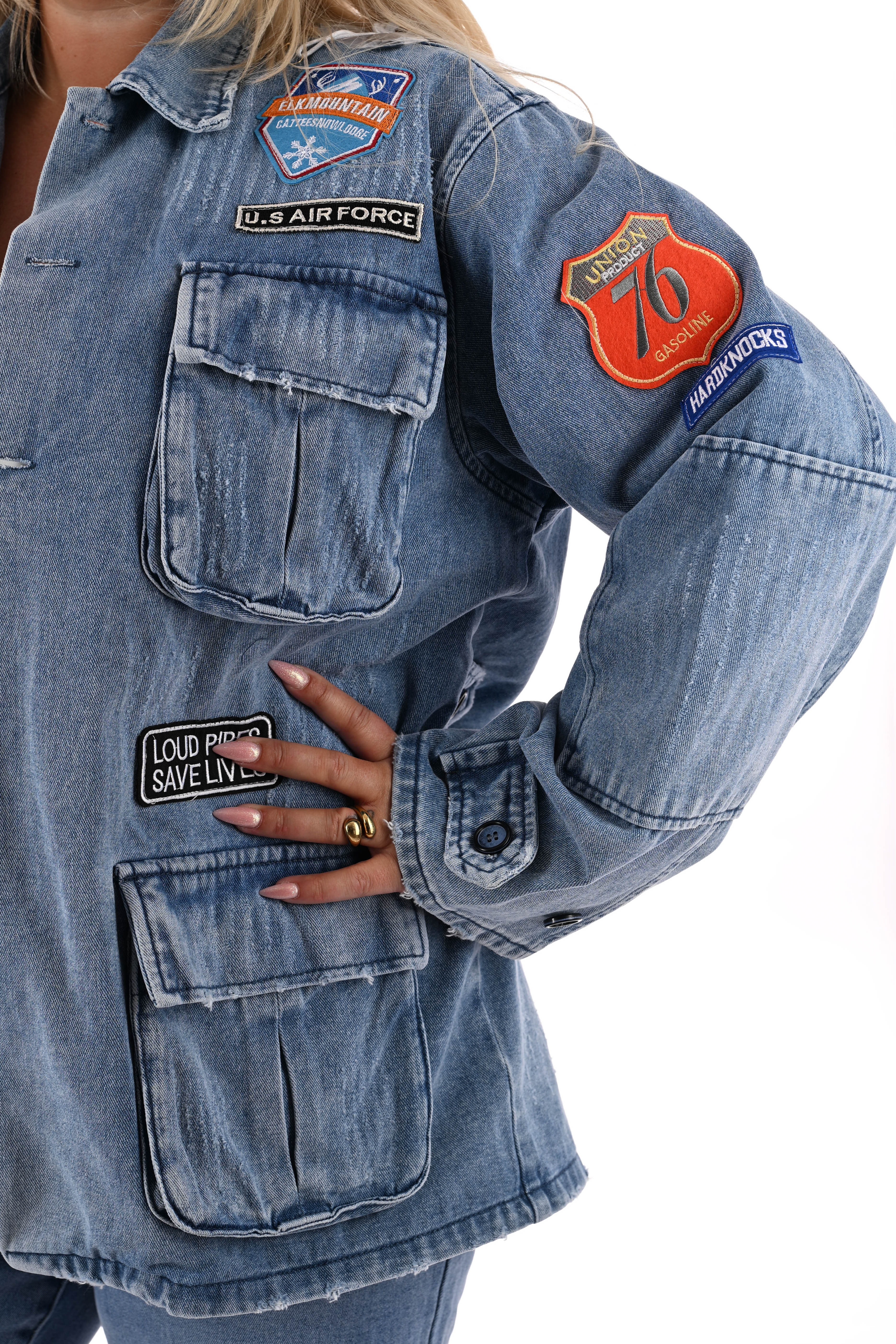 Monday spijkerjas emblemen blauw