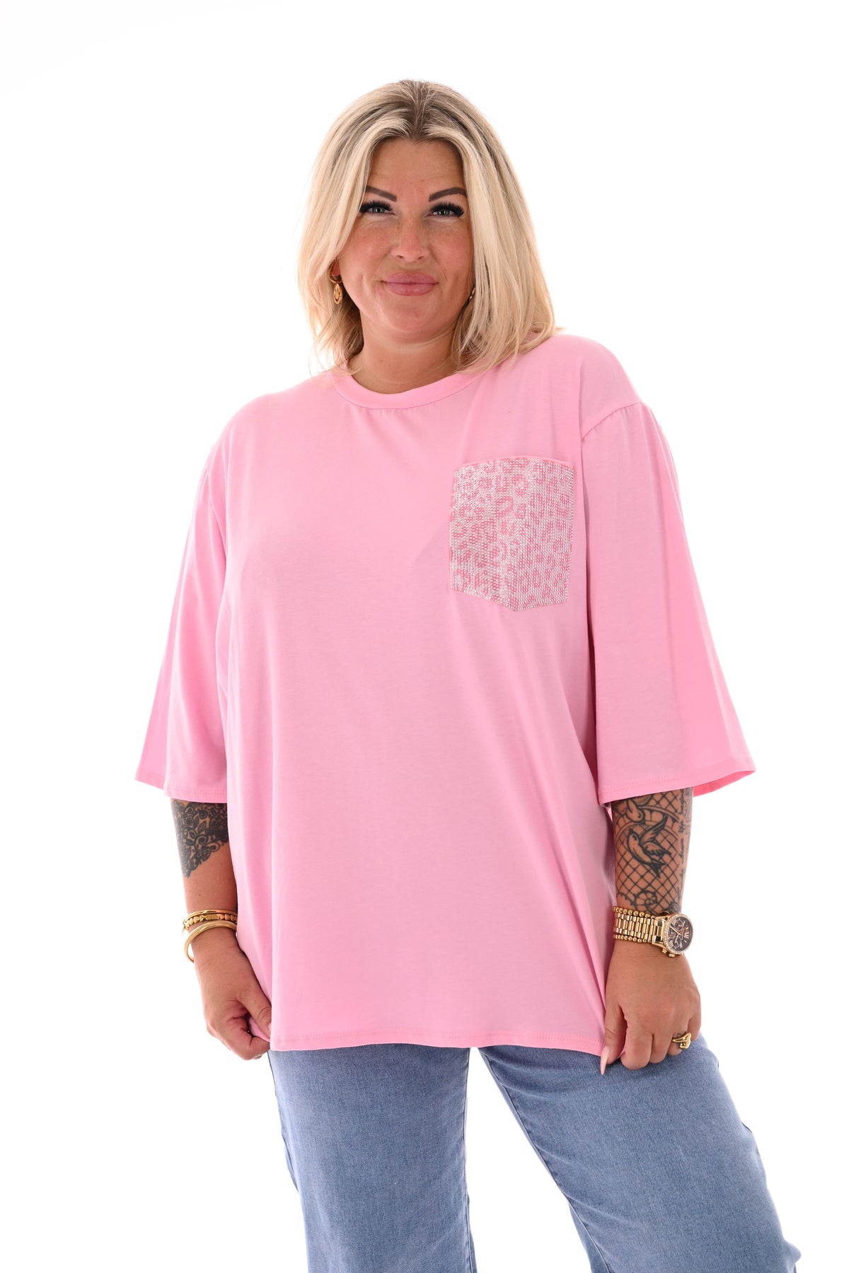 T-shirt panter pailletten borstzak lichtroze/roze