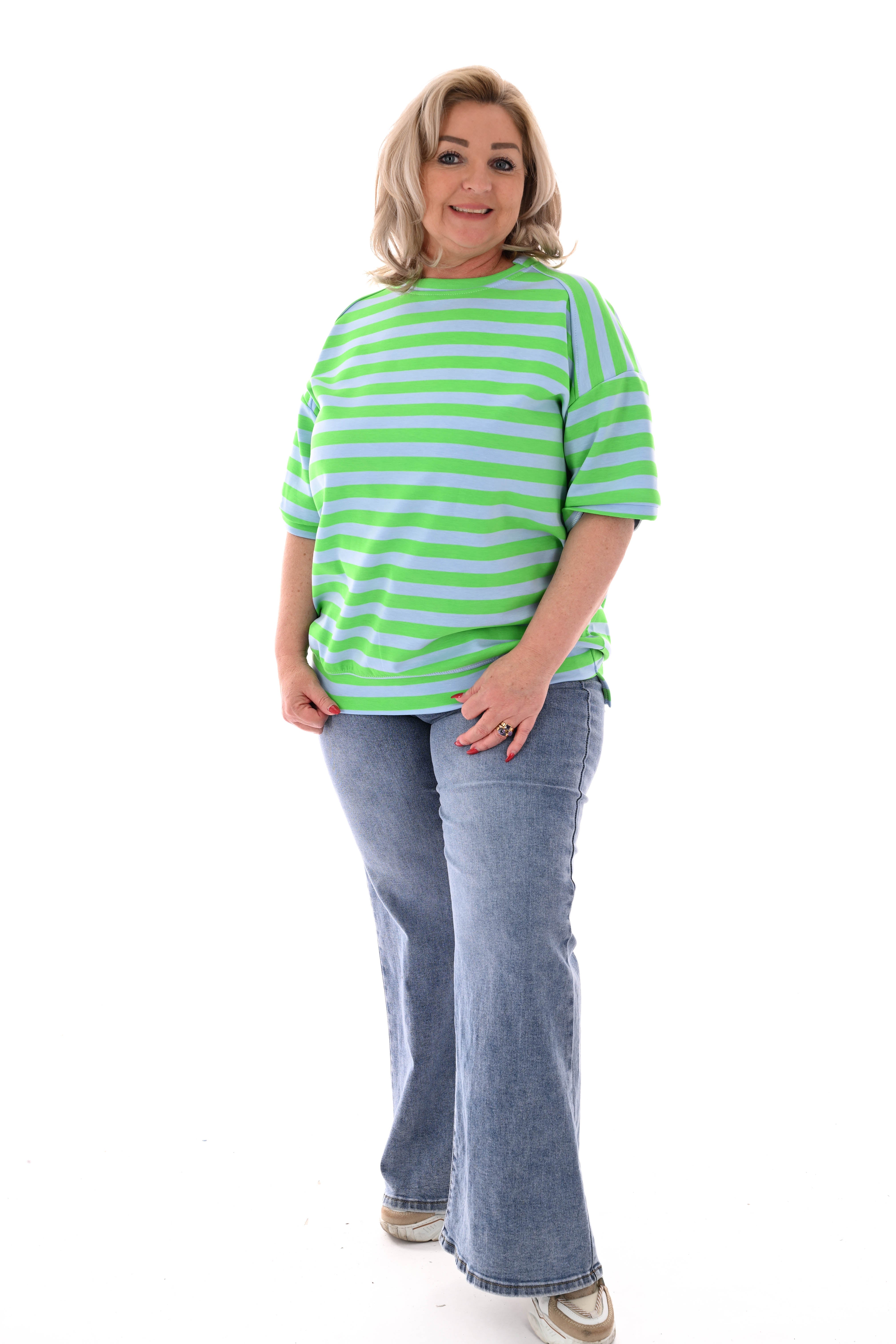 Sweater korte mouwen met boord strepen groen/lichtblauw