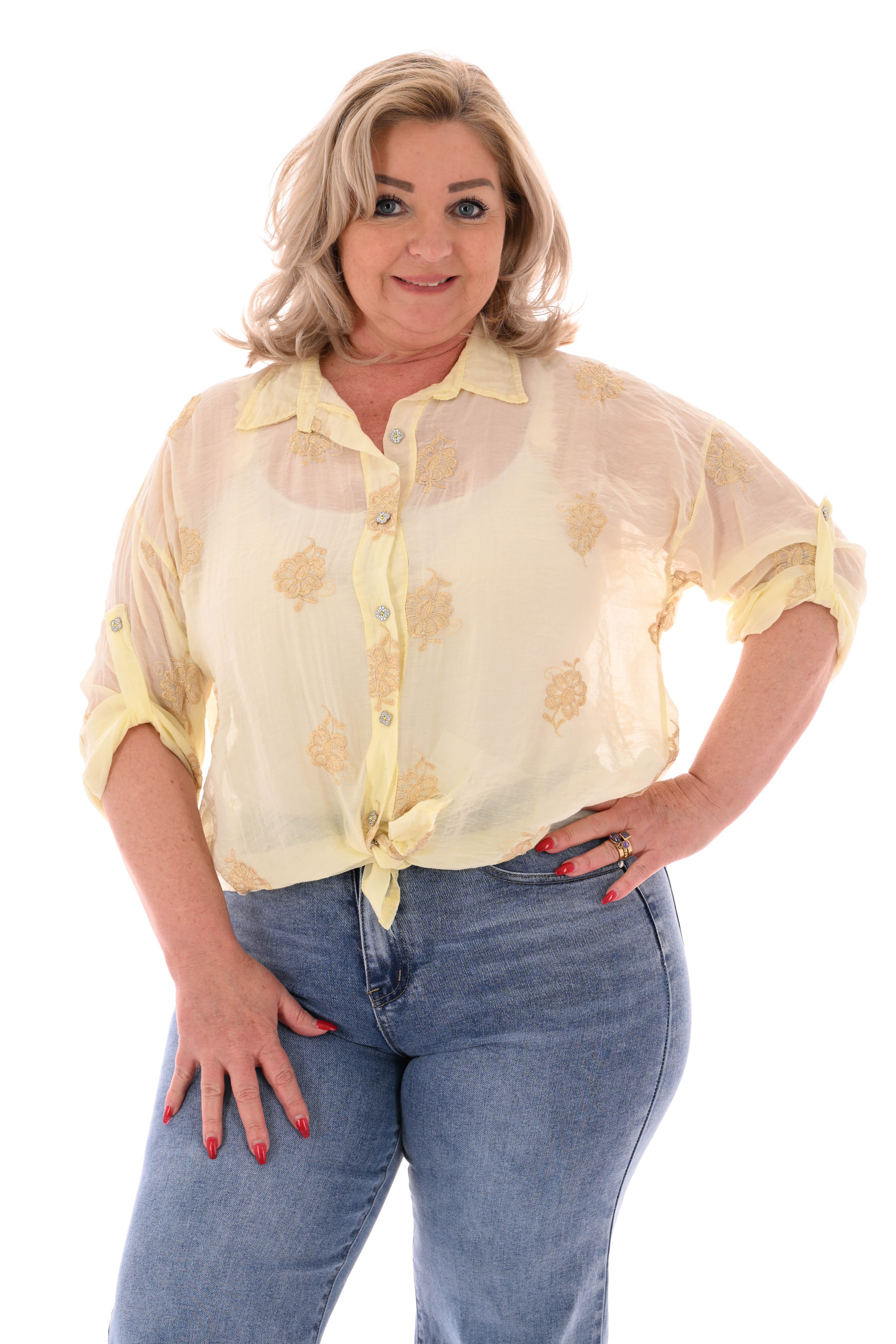 Doorknoop blouse ophaalmouwen borduursels geel