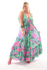 Lange jurk spaghetti roezel bloem groen/roze/blauw