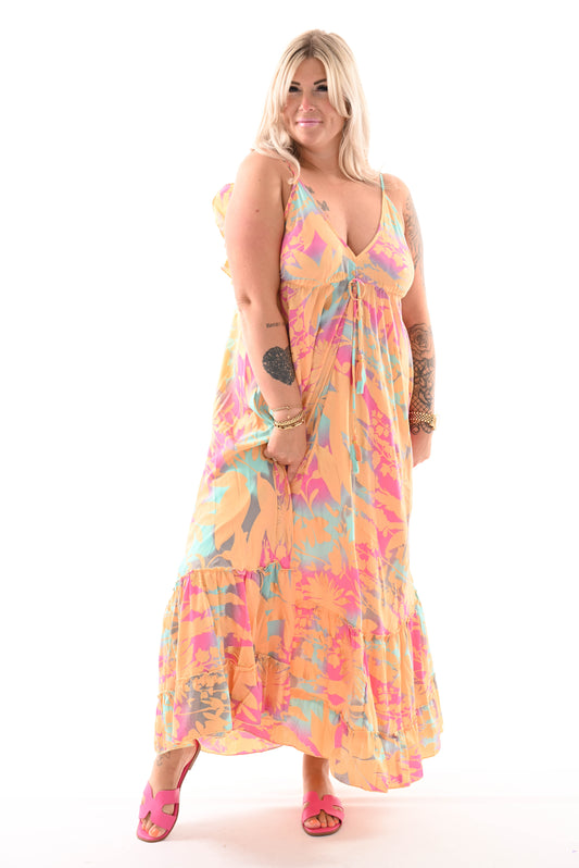 Lange jurk spaghetti roezel bladeren peach/roze/blauw
