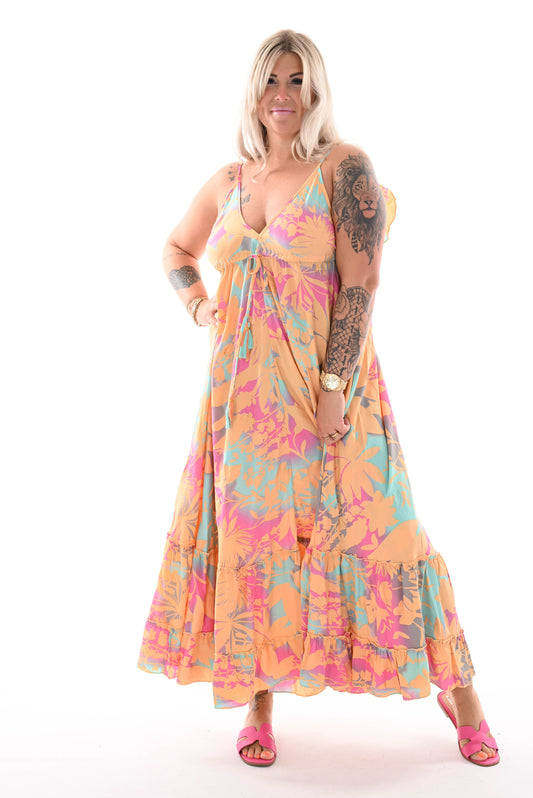Lange jurk spaghetti roezel bladeren peach/roze/blauw