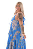 Lange jurk spaghetti roezel bloem groot kobaltblauw