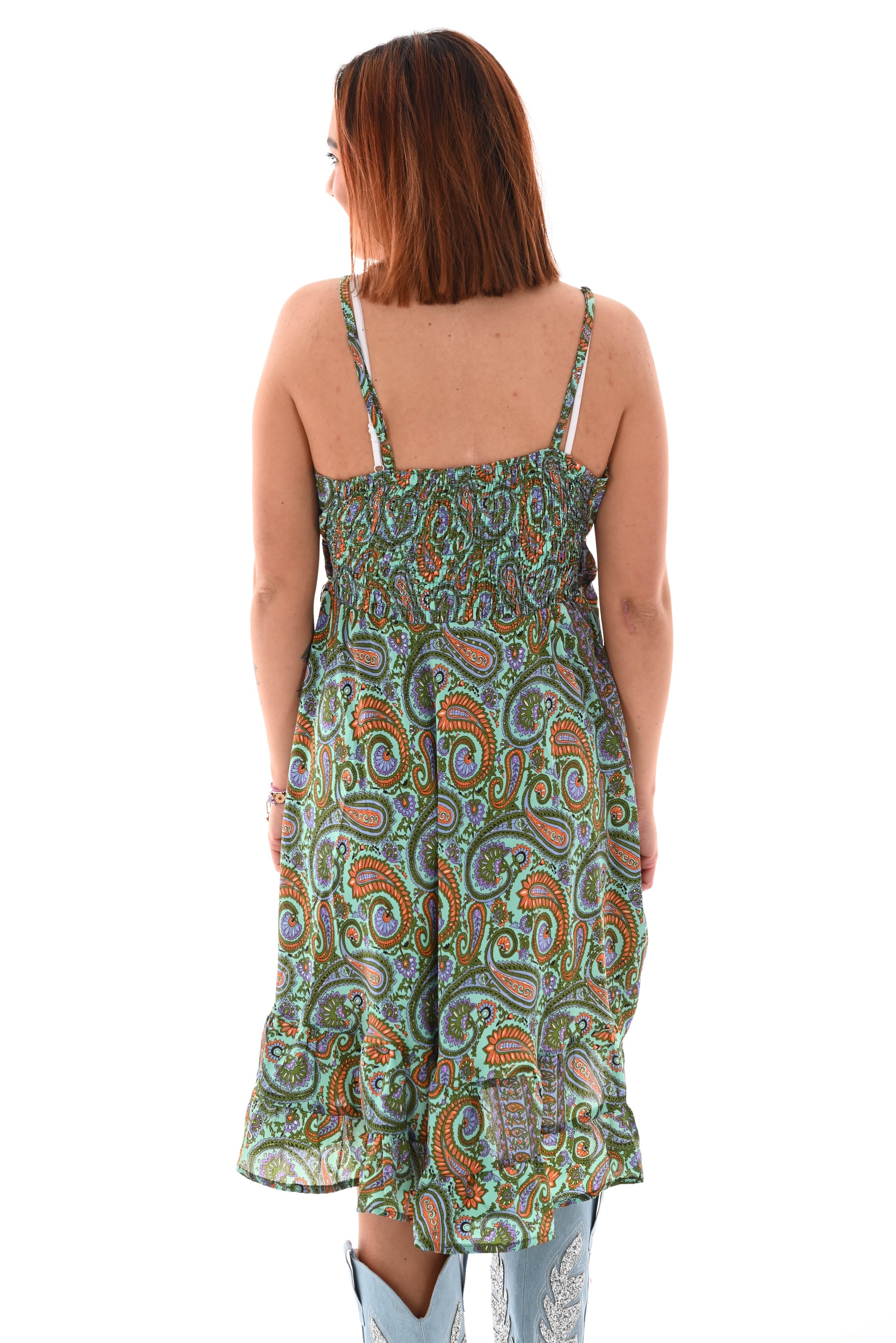 Korte jurk spaghetti bandjes paisley print turquoise/paars