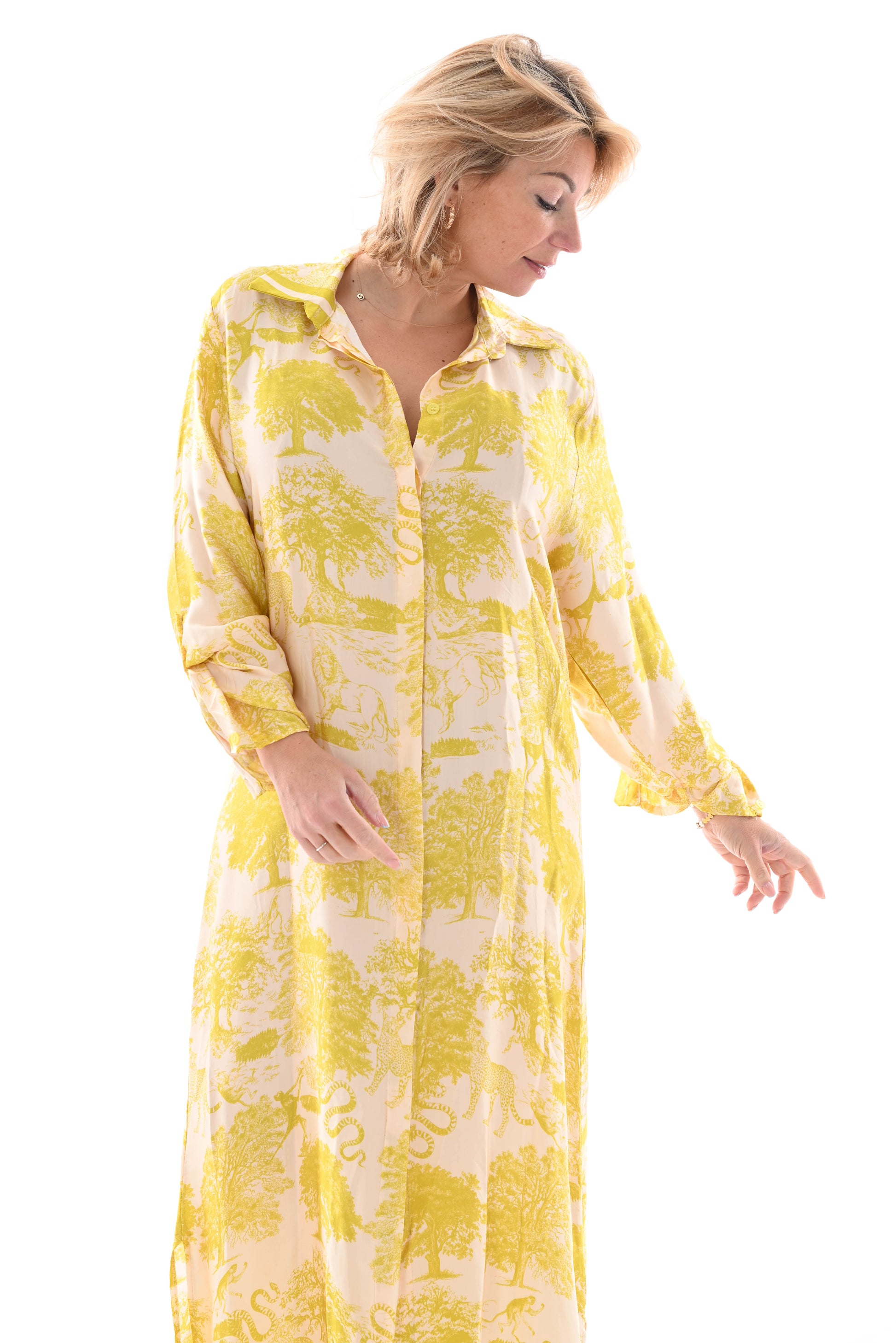 Lange silky jurk doorknoop safari lime