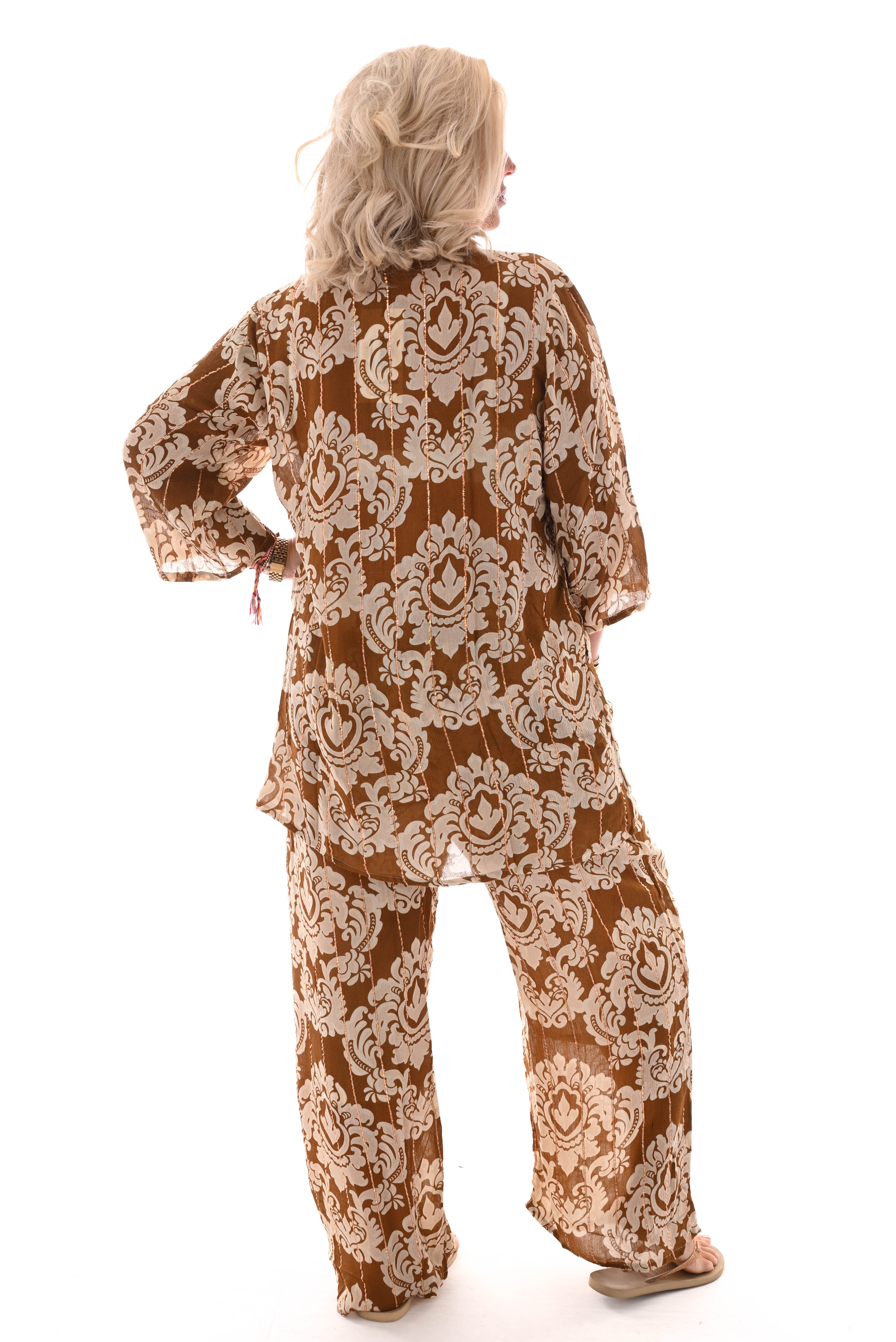 Tweedelig set barok blouse met broek bruin