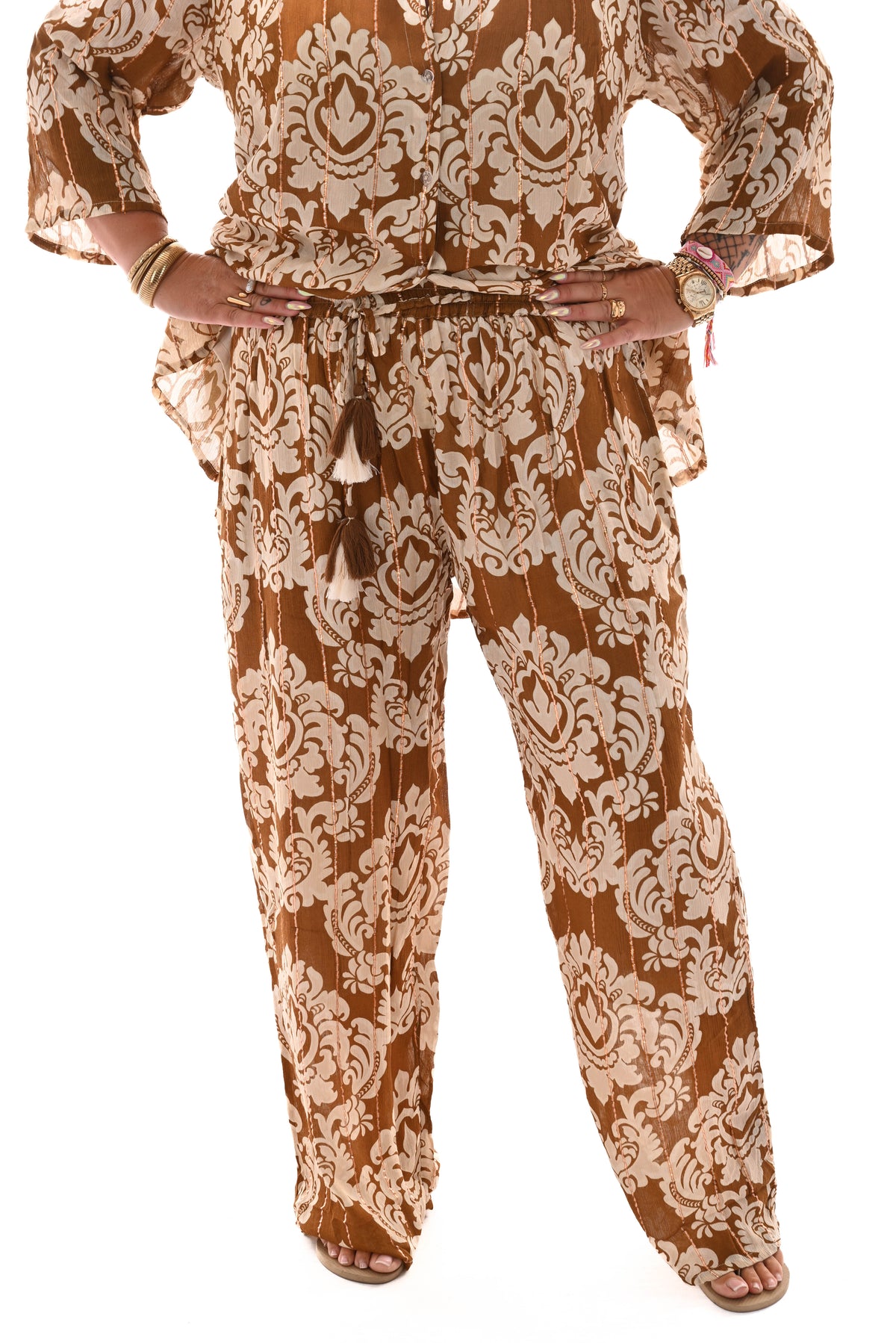 Tweedelig set barok blouse met broek bruin