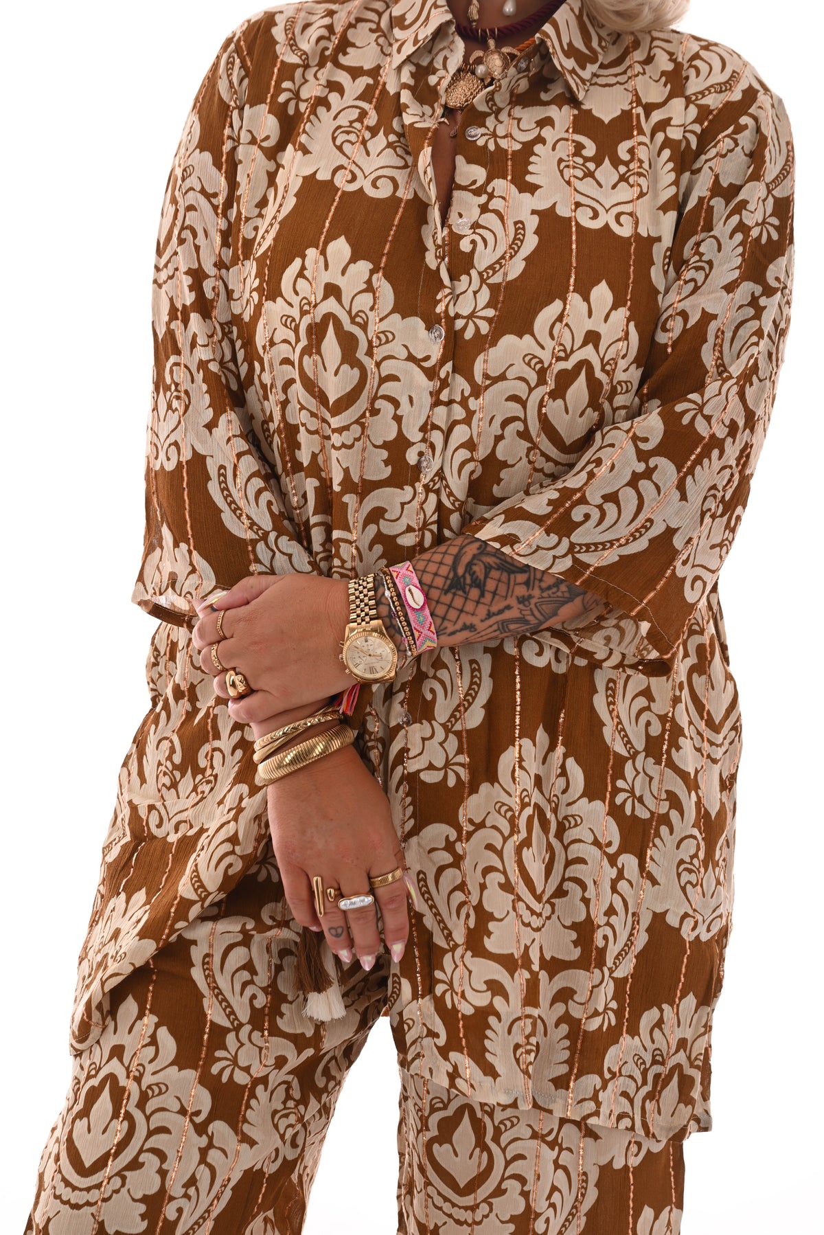 Tweedelig set barok blouse met broek bruin