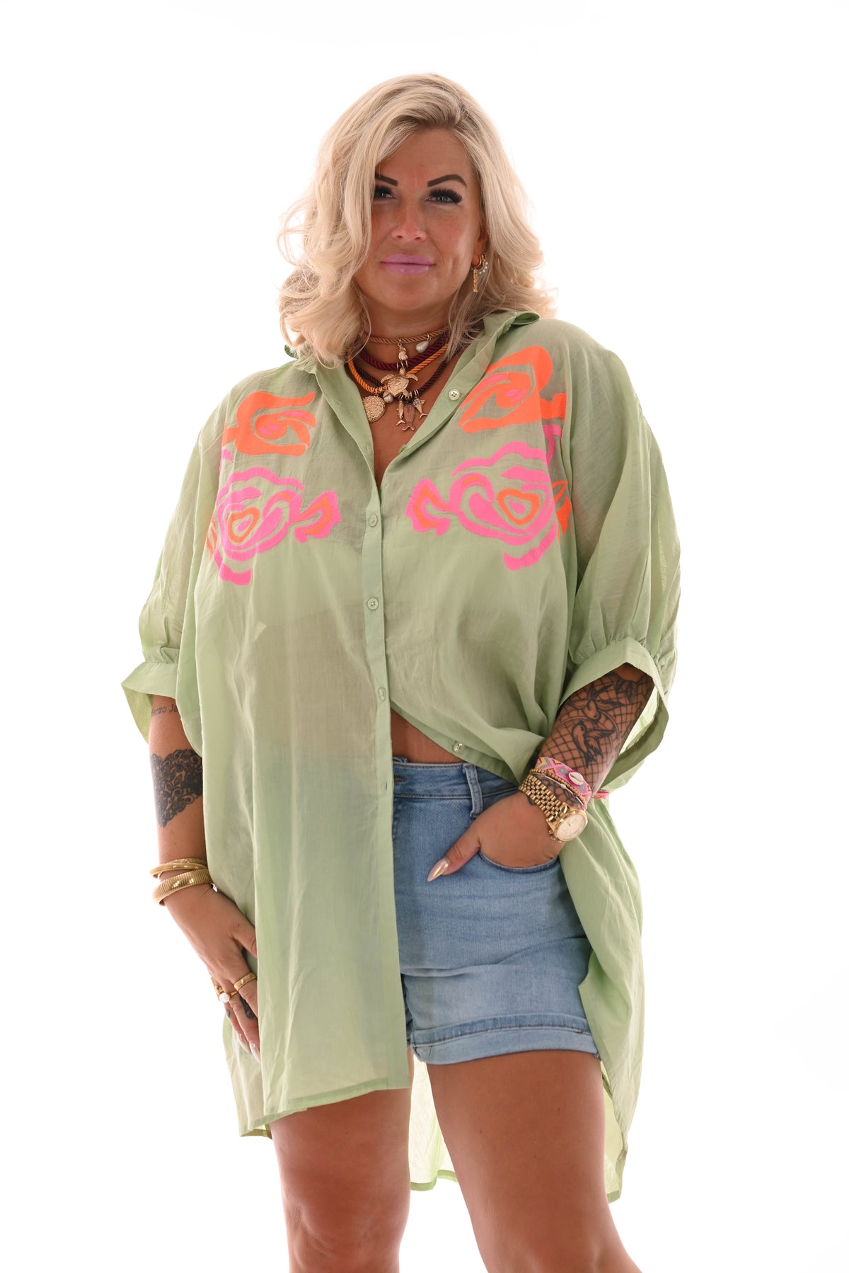 Lange blouse korte mouwen met bloemen lichtgroen