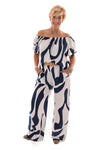 Tweedelig set off-shoulder top abstract roomwit/marineblauw