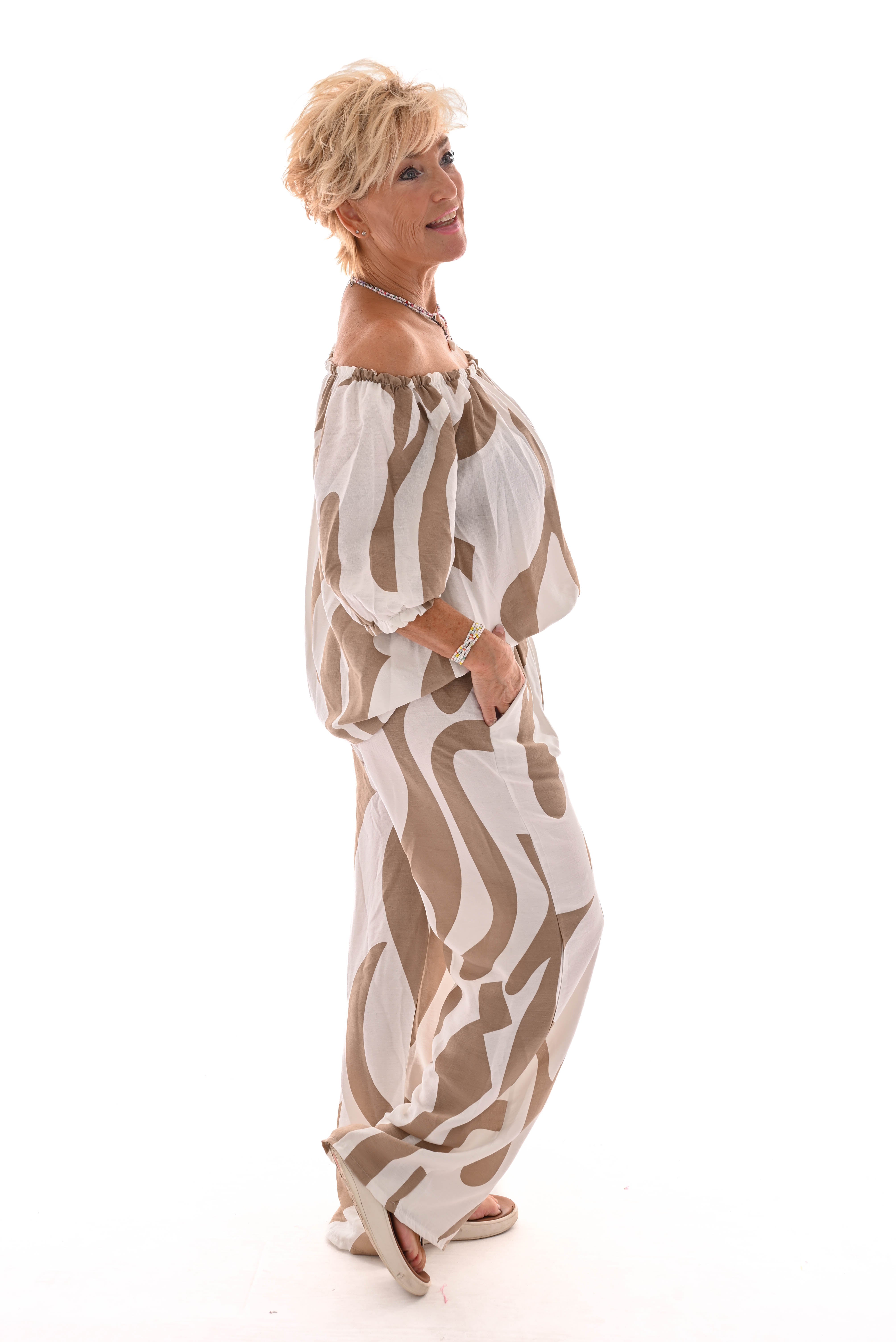 Tweedelig set off-shoulder top abstract roomwit/beige