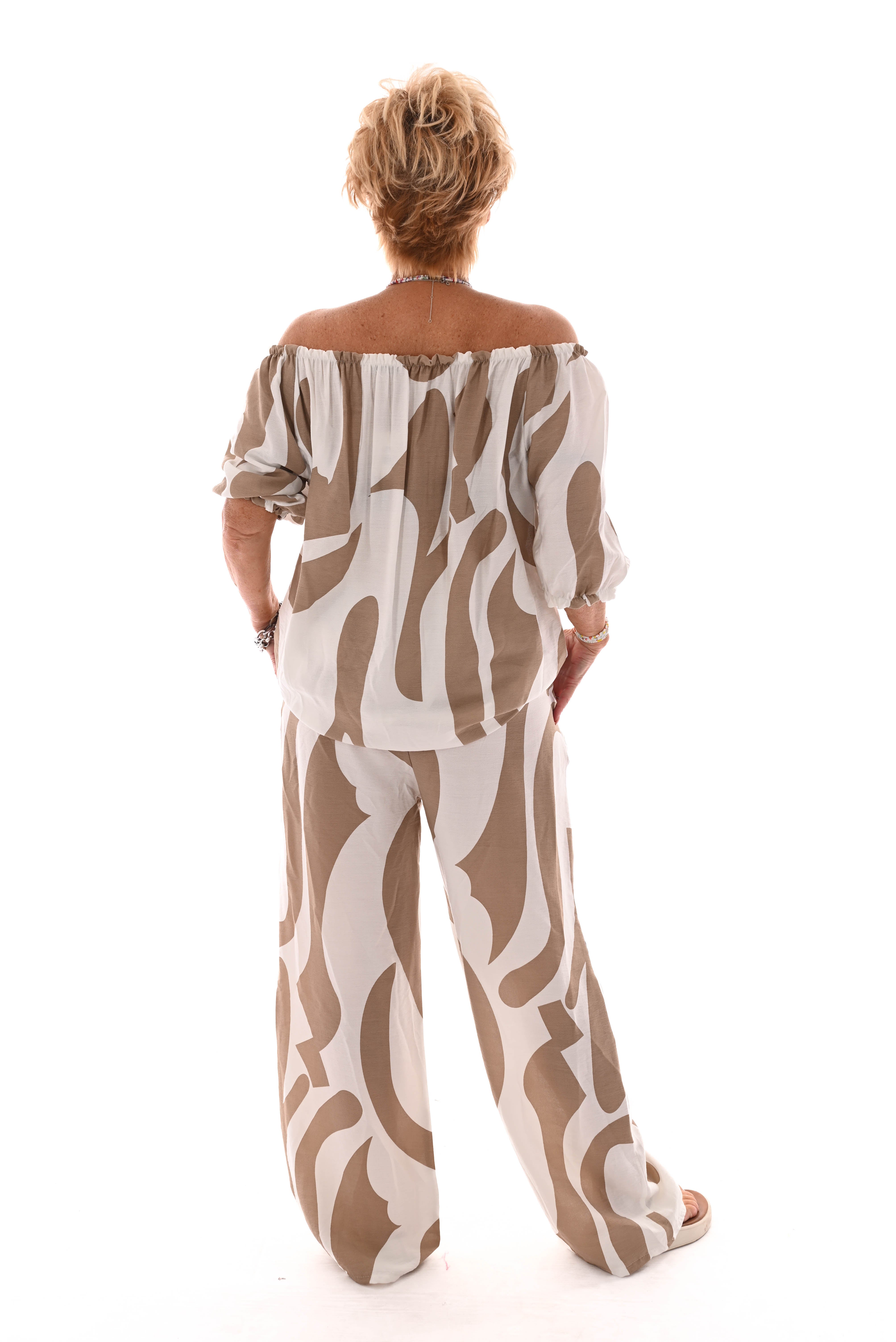 Tweedelig set off-shoulder top abstract roomwit/beige