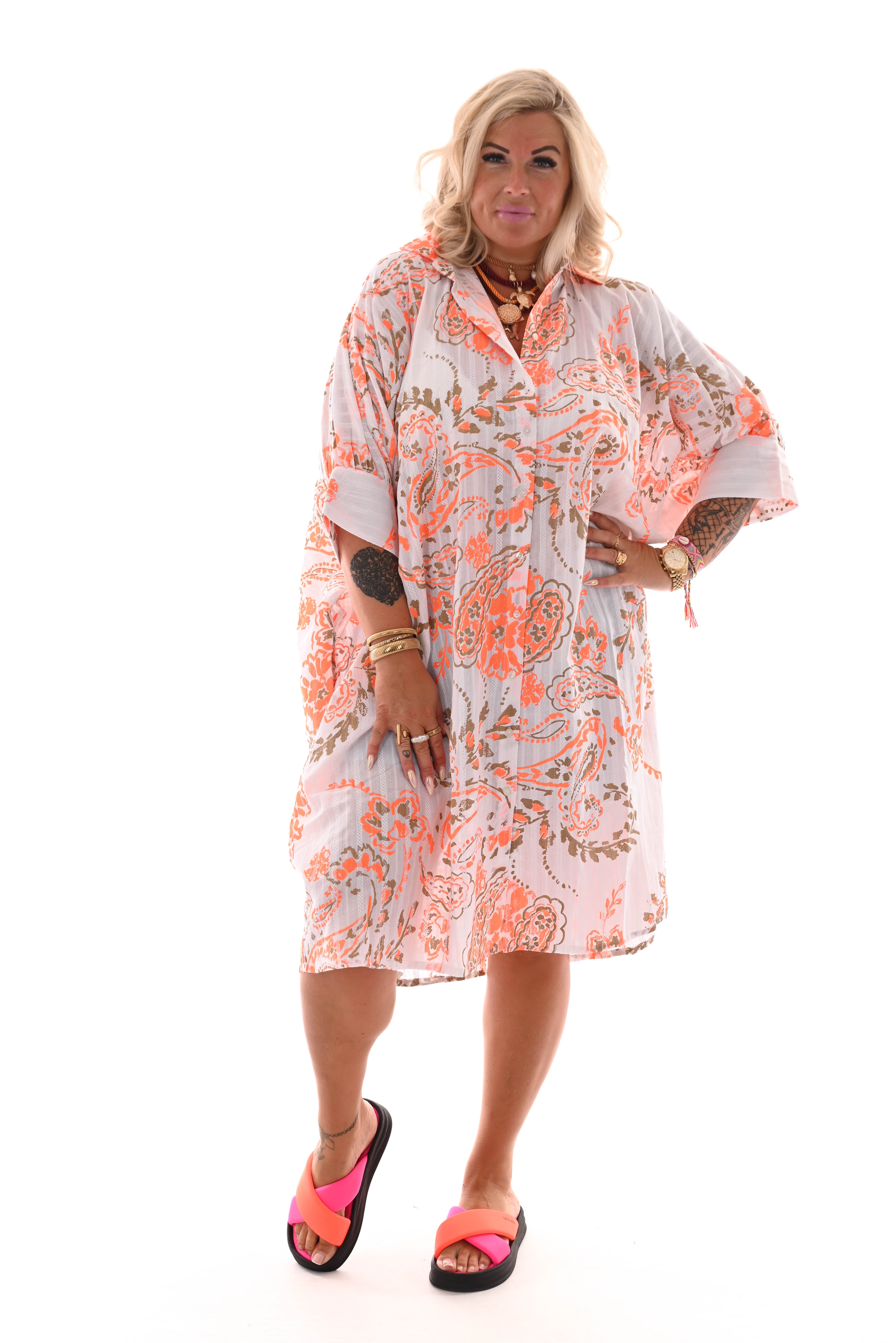 Lange blouse paisley print wit/feloranje