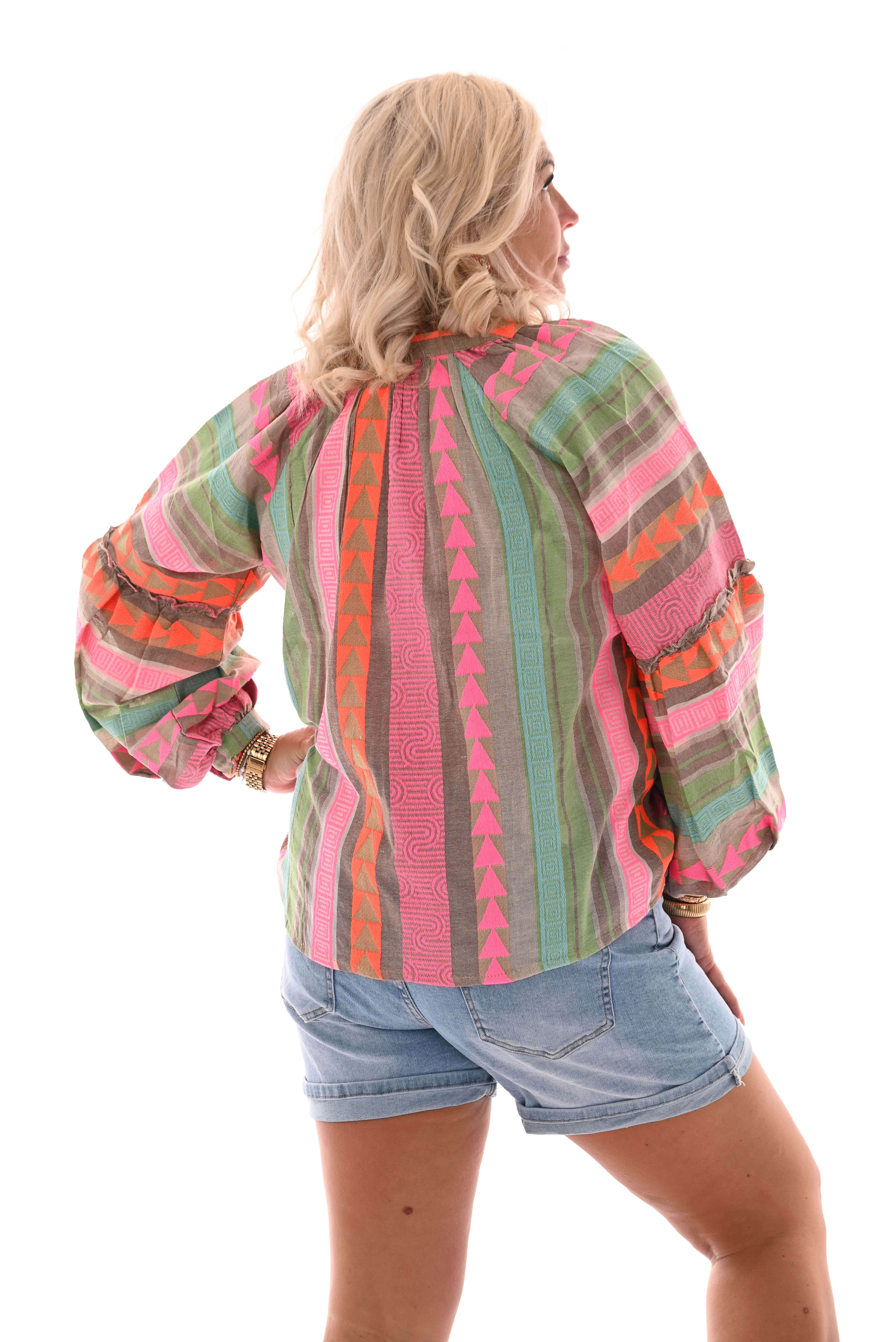Top v-hals aztec lange pofmouwen taupe/groen