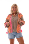 Top v-hals aztec lange pofmauwen taupe/oranje