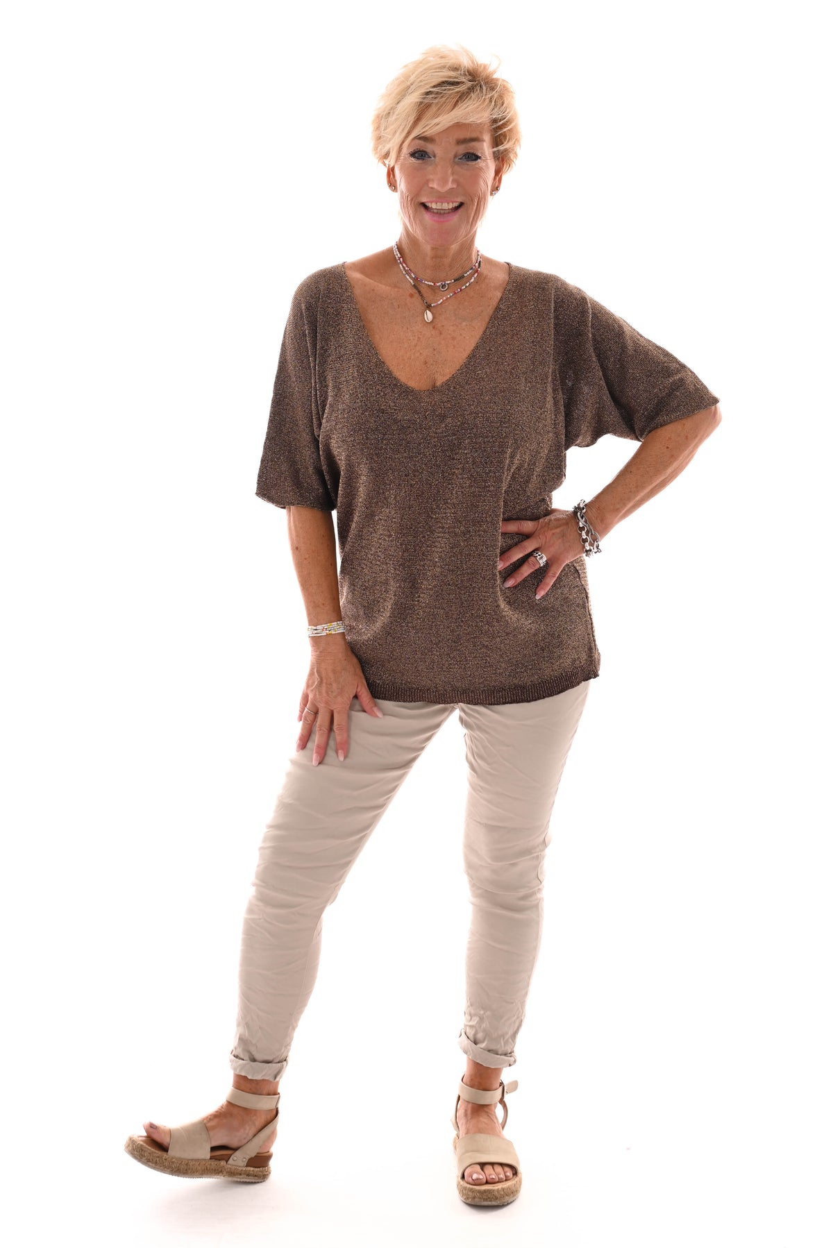 Top v-hals lurex korte mouwen bruin