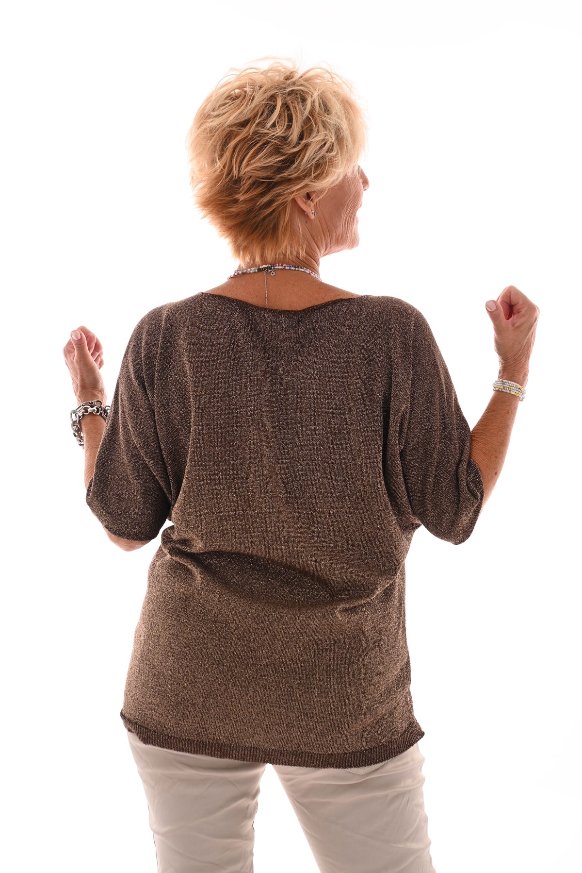 Top v-hals lurex korte mouwen bruin
