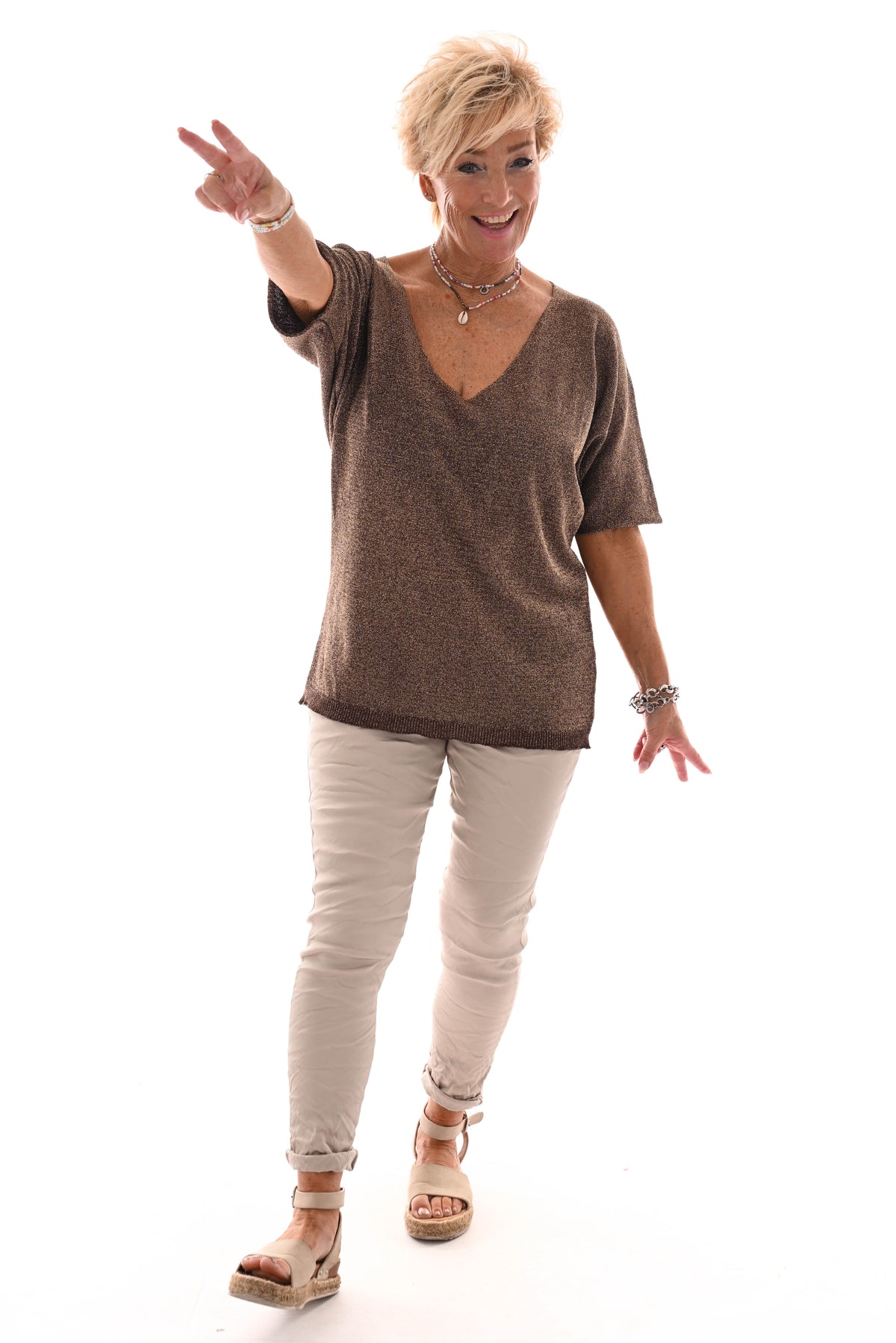 Top v-hals lurex korte mouwen bruin