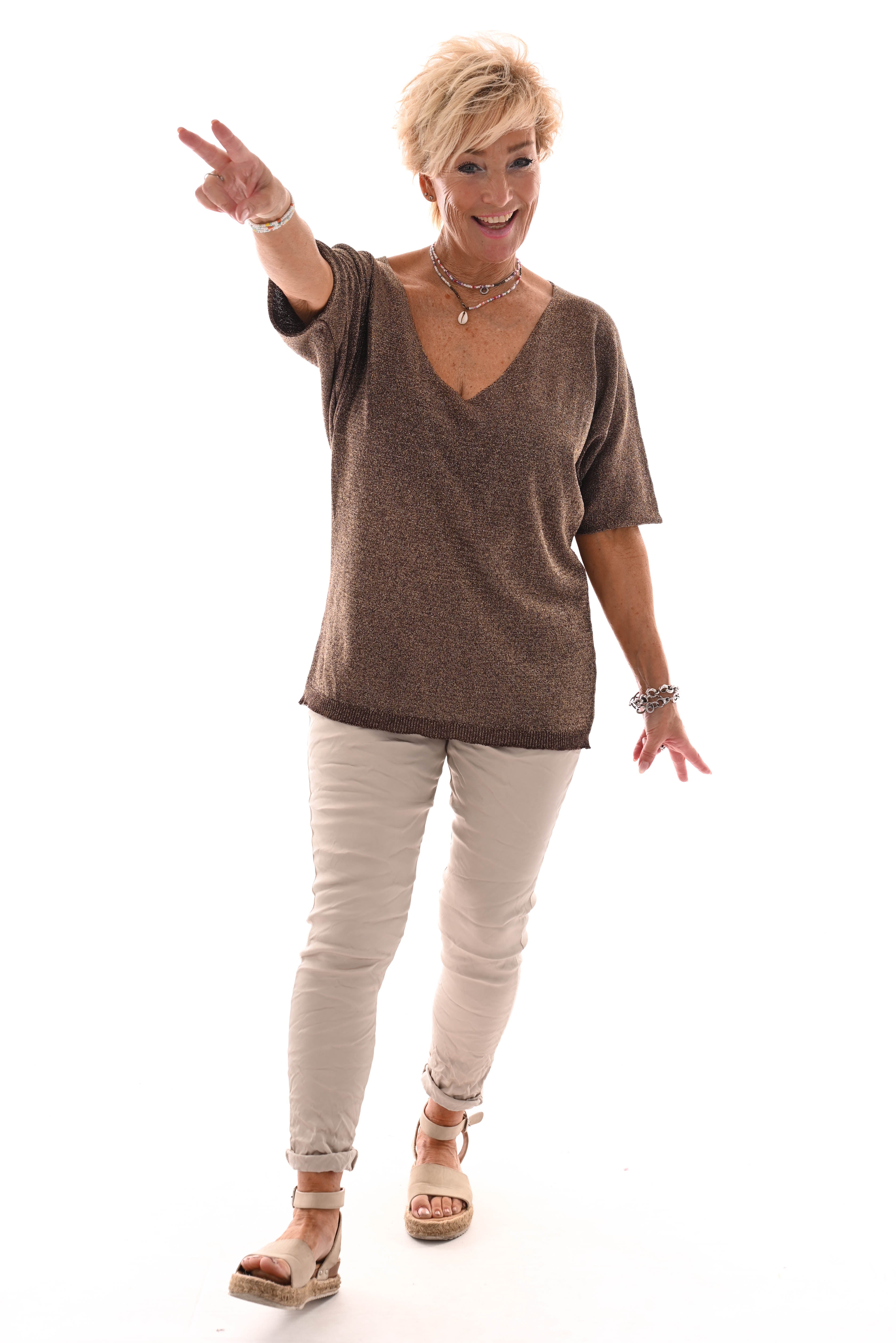 Top v-hals lurex korte mouwen bruin