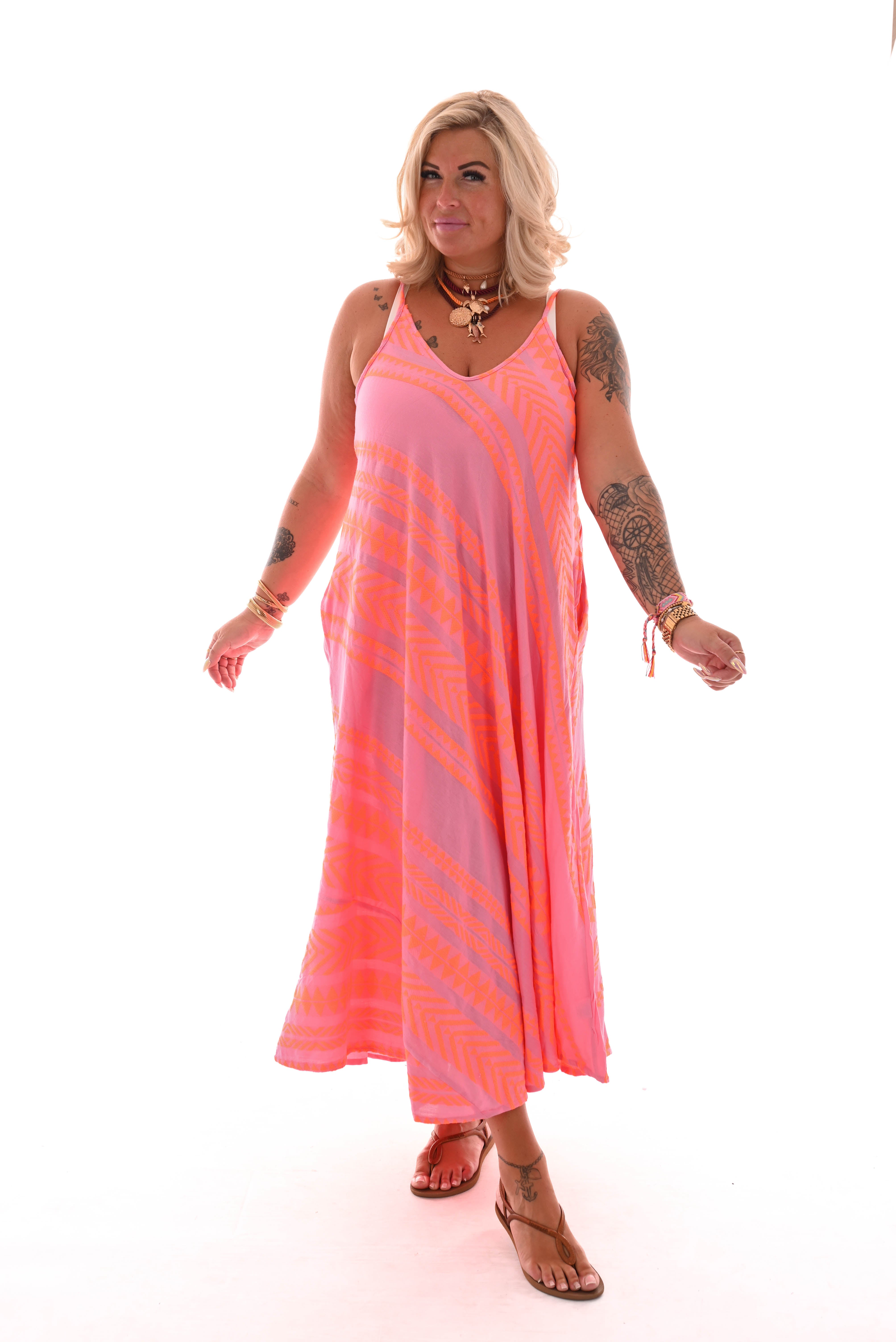 Jurk spaghetti bandjes aztec roze/feloranje