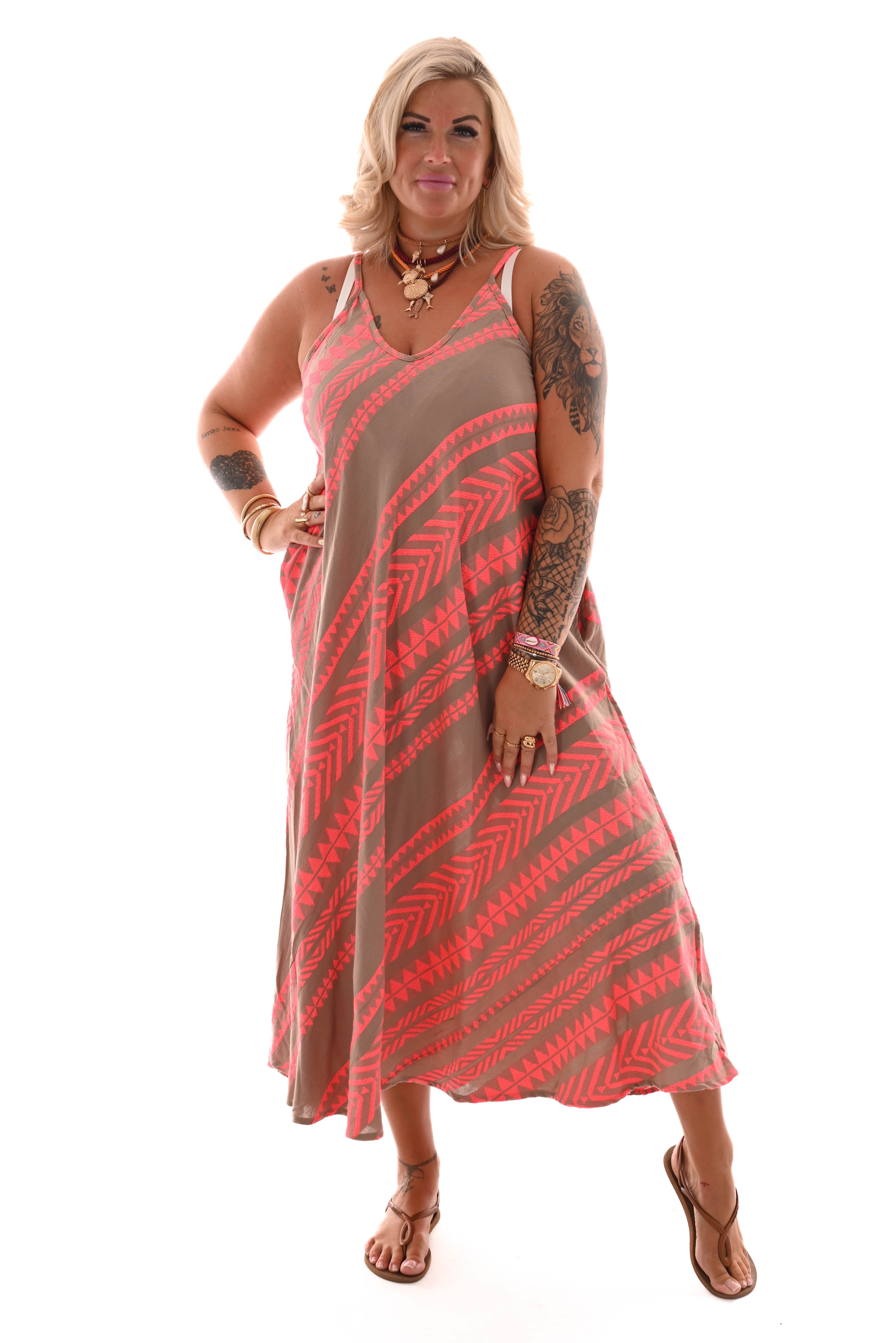 Jurk spaghetti bandjes aztec taupe/koraal