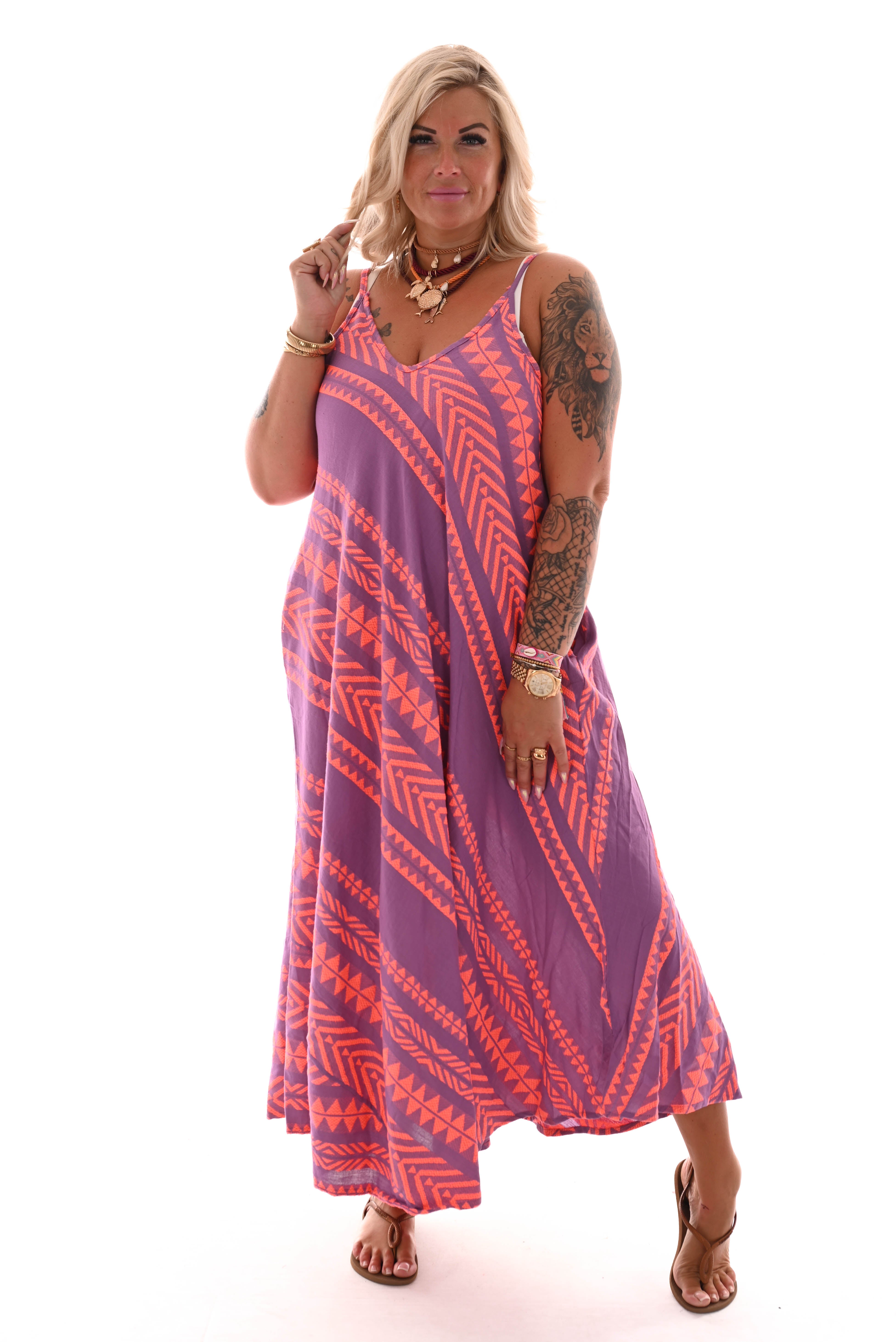 Jurk spaghetti bandjes aztec paars/felroze
