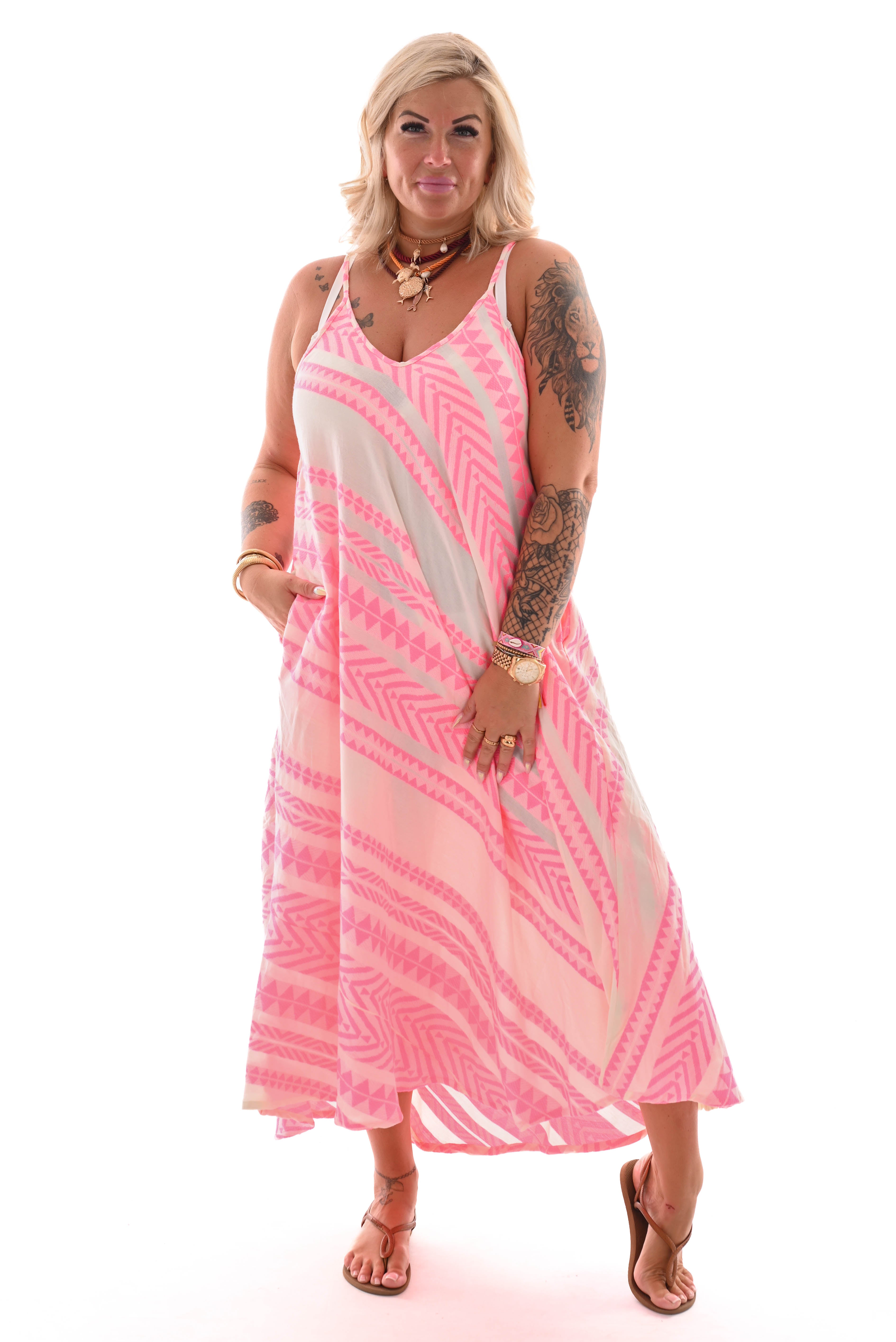 Jurk spaghetti bandjes aztec felroze/roomwit