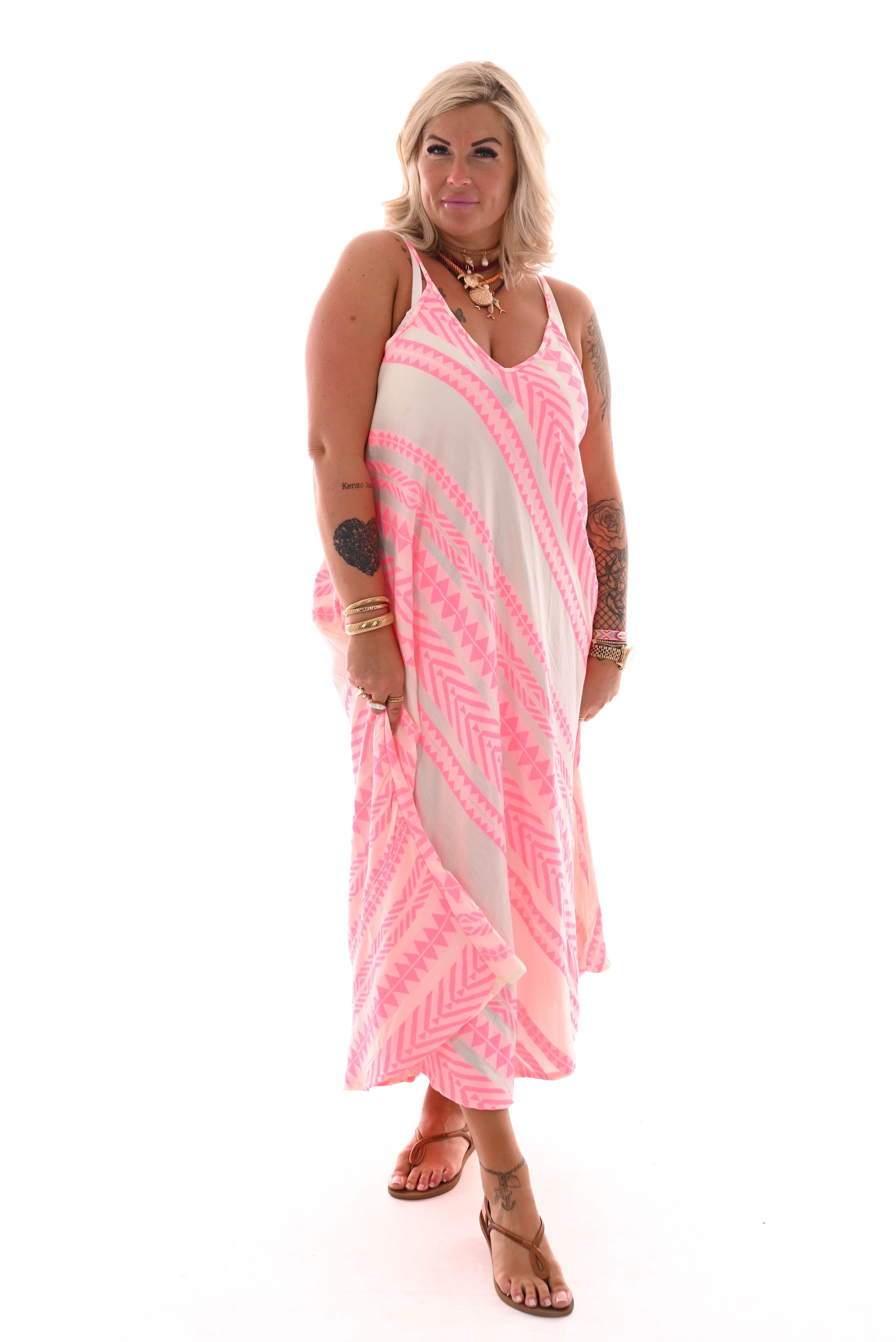 Jurk spaghetti bandjes aztec felroze/roomwit